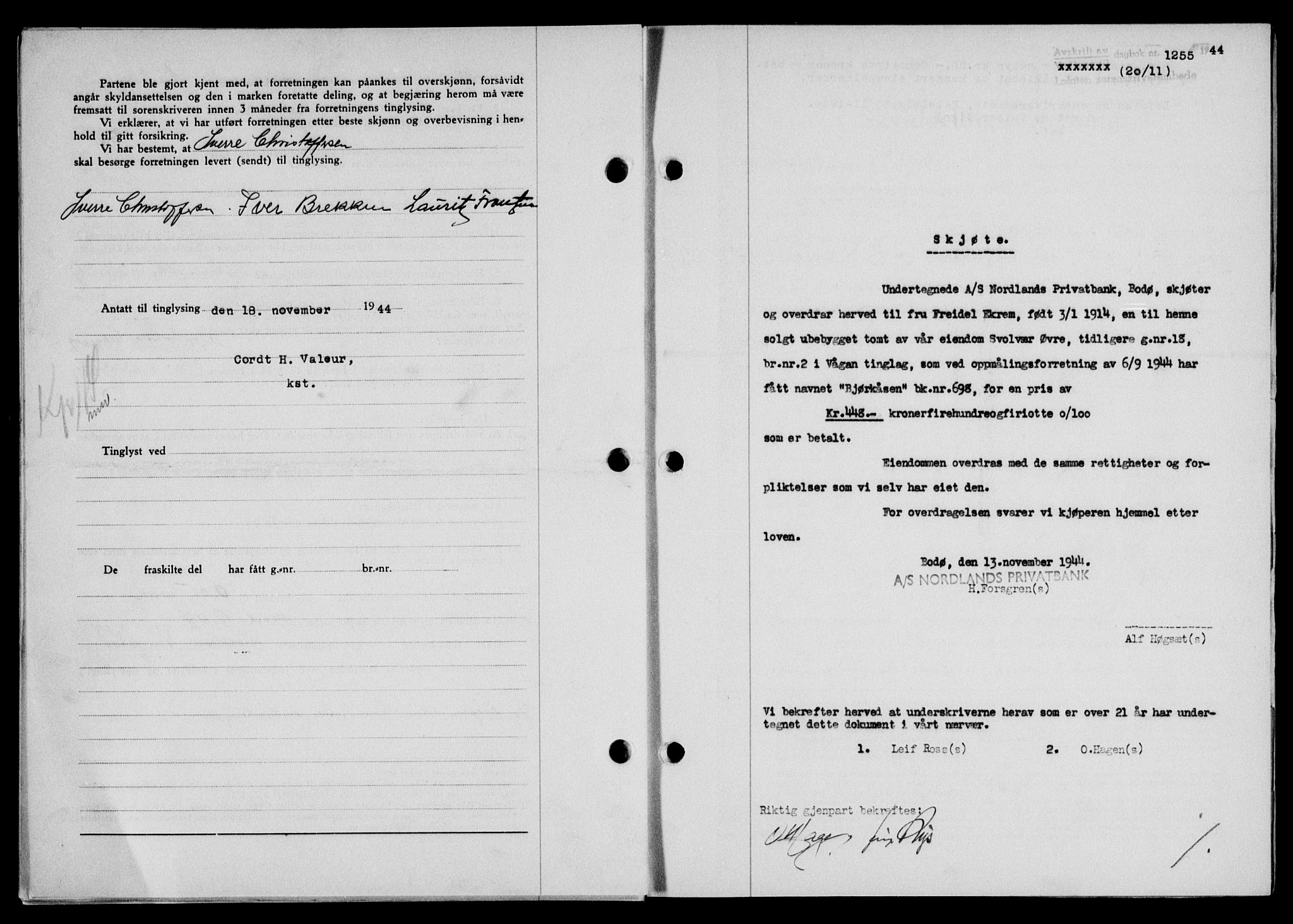 Lofoten sorenskriveri, SAT/A-0017/1/2/2C/L0012a: Mortgage book no. 12a, 1943-1944, Diary no: : 1255/1944