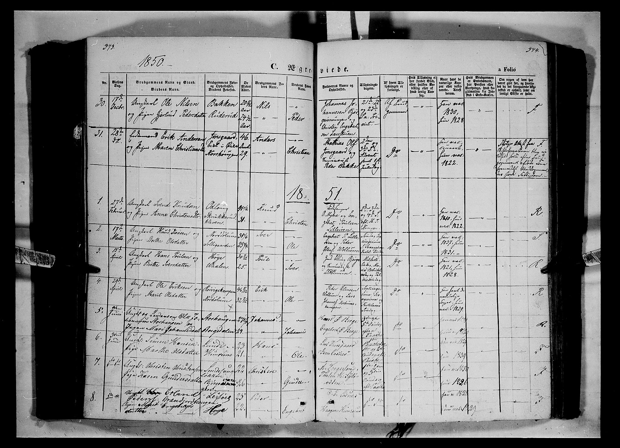 Ringebu prestekontor, SAH/PREST-082/H/Ha/Haa/L0006: Parish register (official) no. 6, 1848-1859, p. 373-374