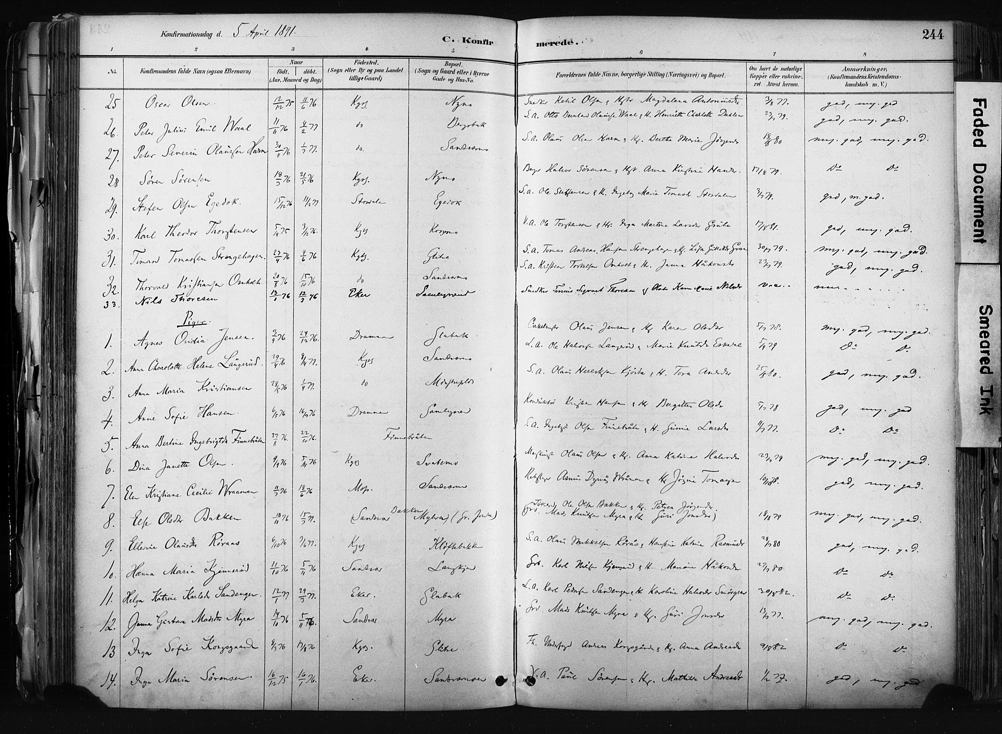 Kongsberg kirkebøker, AV/SAKO-A-22/F/Fb/L0002: Parish register (official) no. II 2, 1886-1896, p. 244