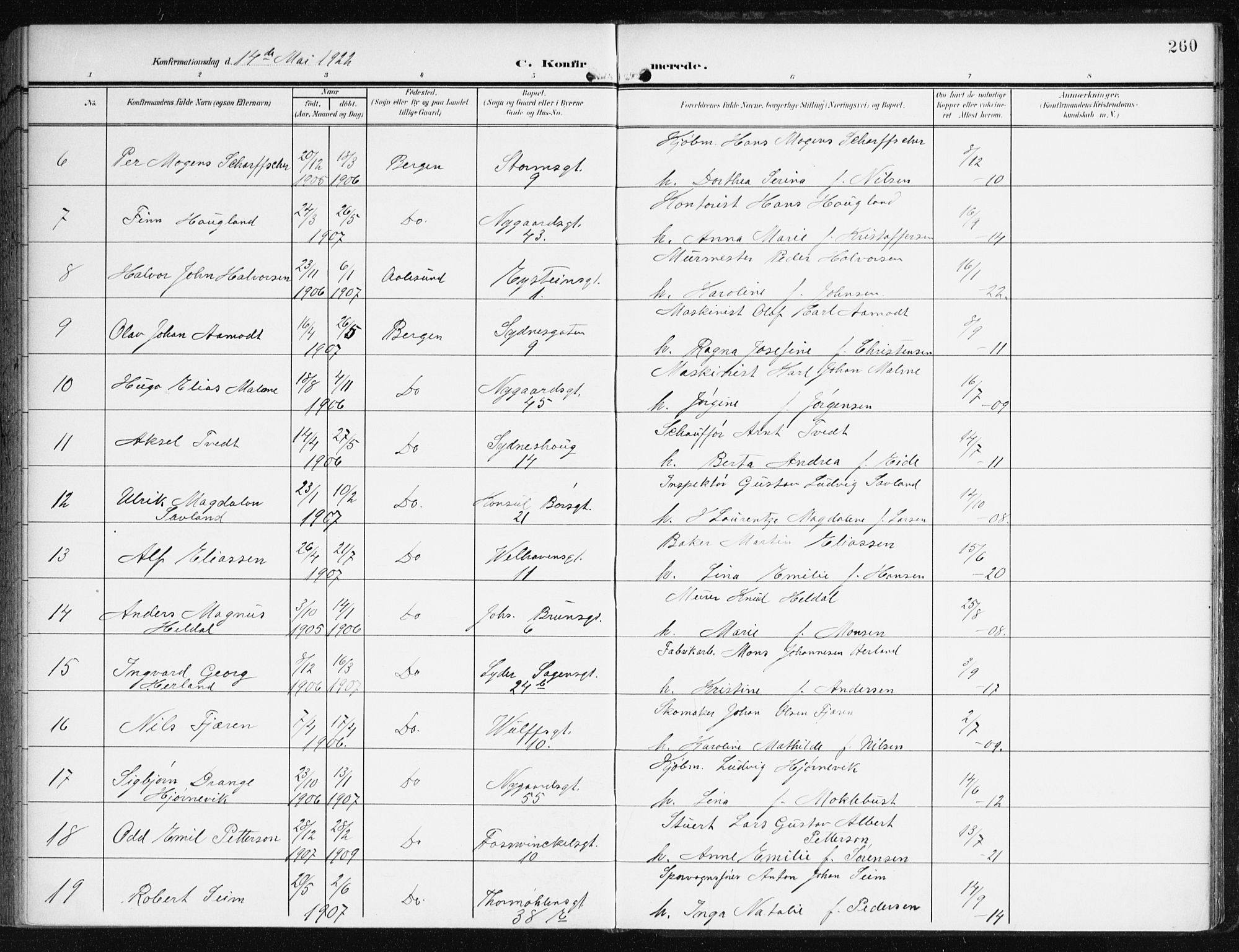 Johanneskirken sokneprestembete, AV/SAB-A-76001/H/Haa/L0009: Parish register (official) no. C 2, 1907-1924, p. 260