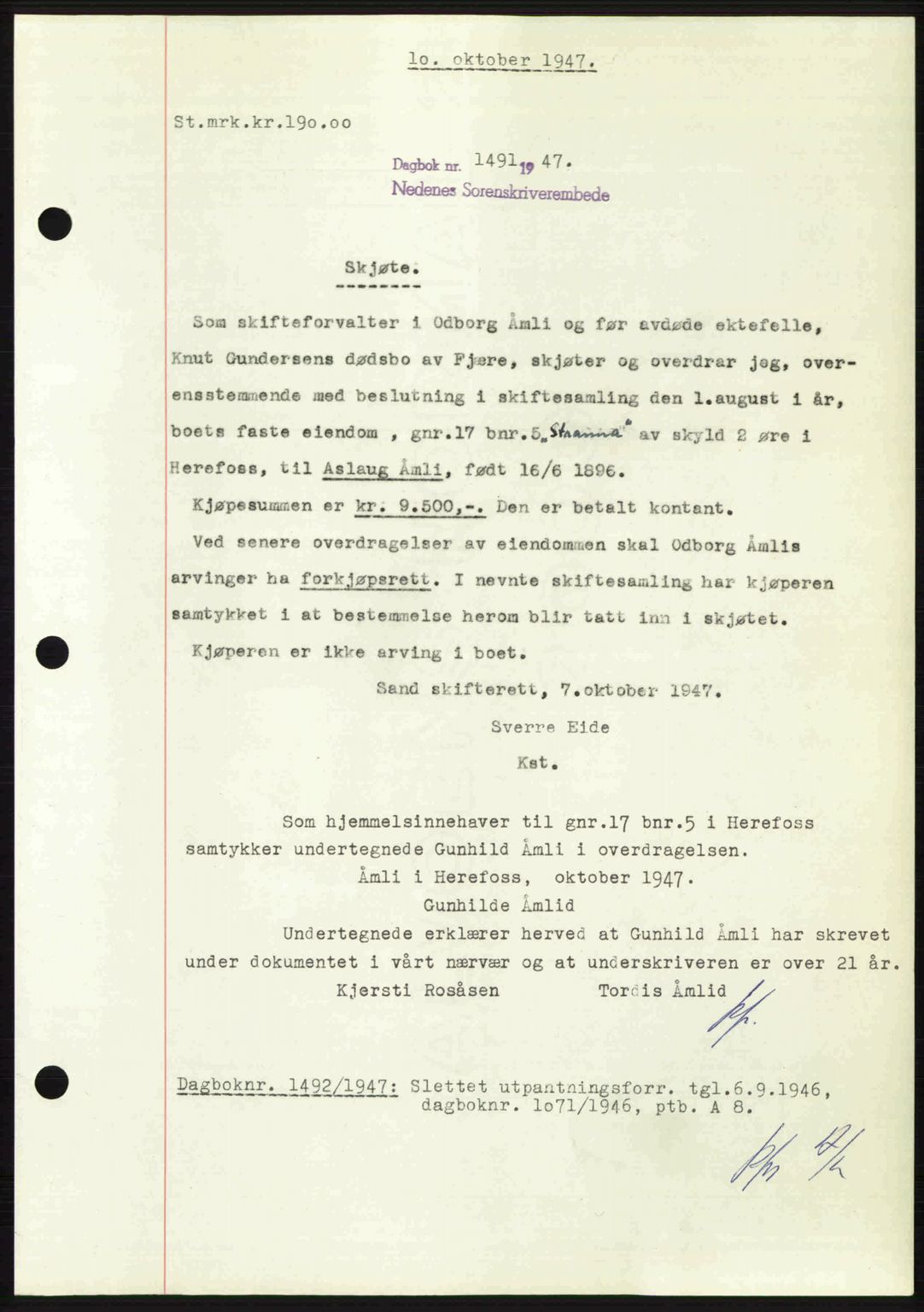 Nedenes sorenskriveri, AV/SAK-1221-0006/G/Gb/Gba/L0058: Mortgage book no. A10, 1947-1948, Diary no: : 1491/1947