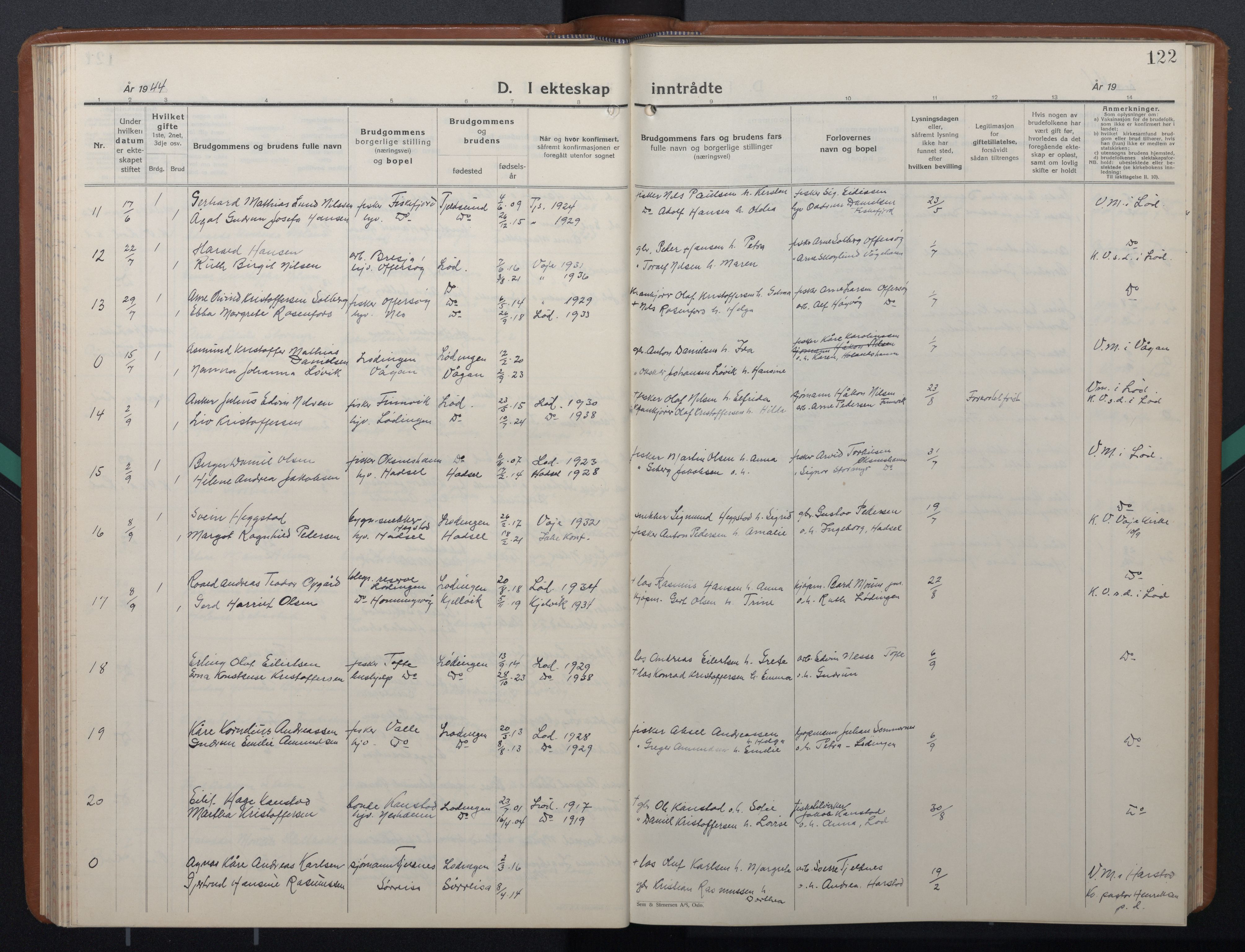 Ministerialprotokoller, klokkerbøker og fødselsregistre - Nordland, AV/SAT-A-1459/872/L1051: Parish register (copy) no. 872C07, 1939-1947, p. 122