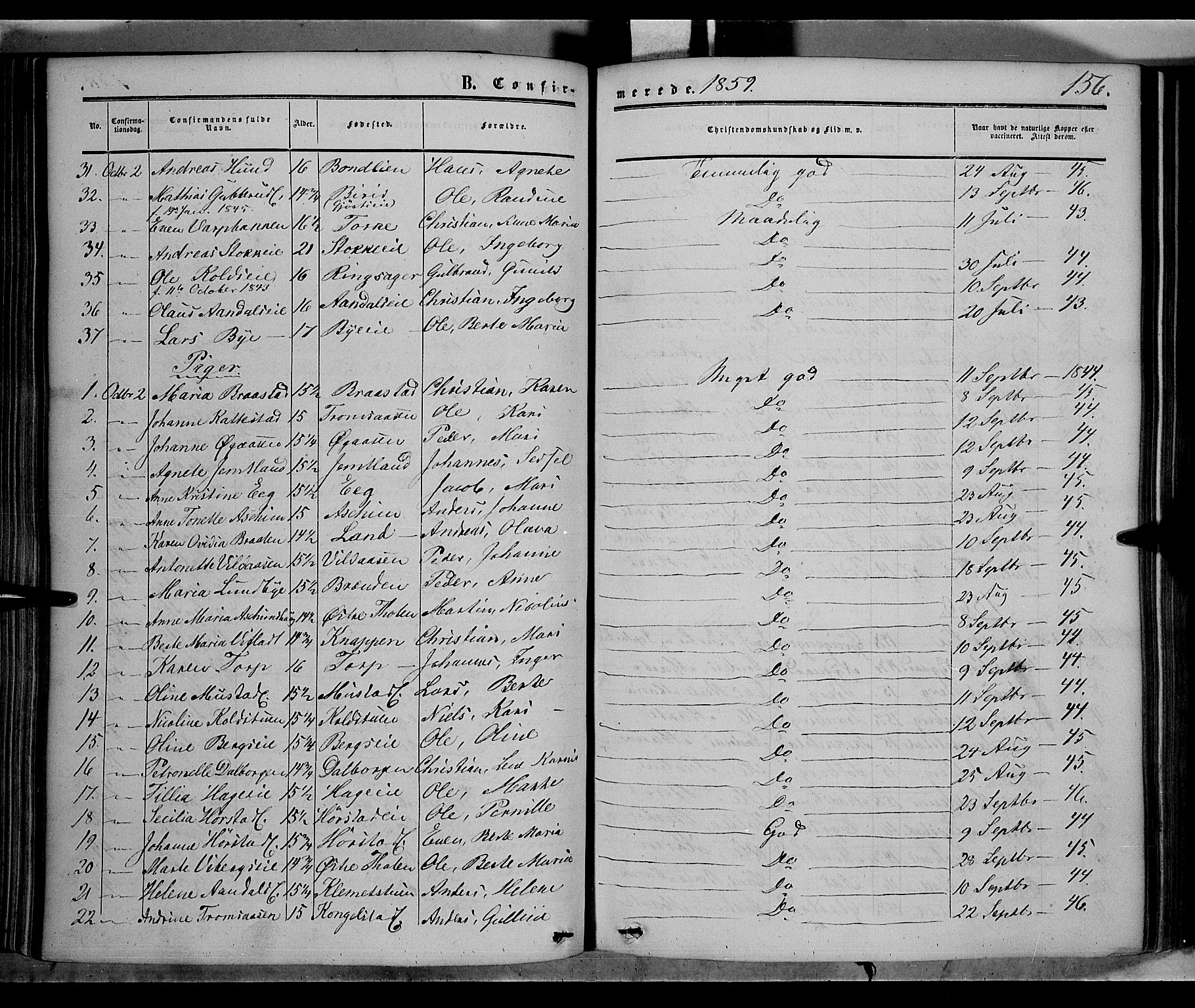 Vardal prestekontor, AV/SAH-PREST-100/H/Ha/Haa/L0006: Parish register (official) no. 6, 1854-1866, p. 156