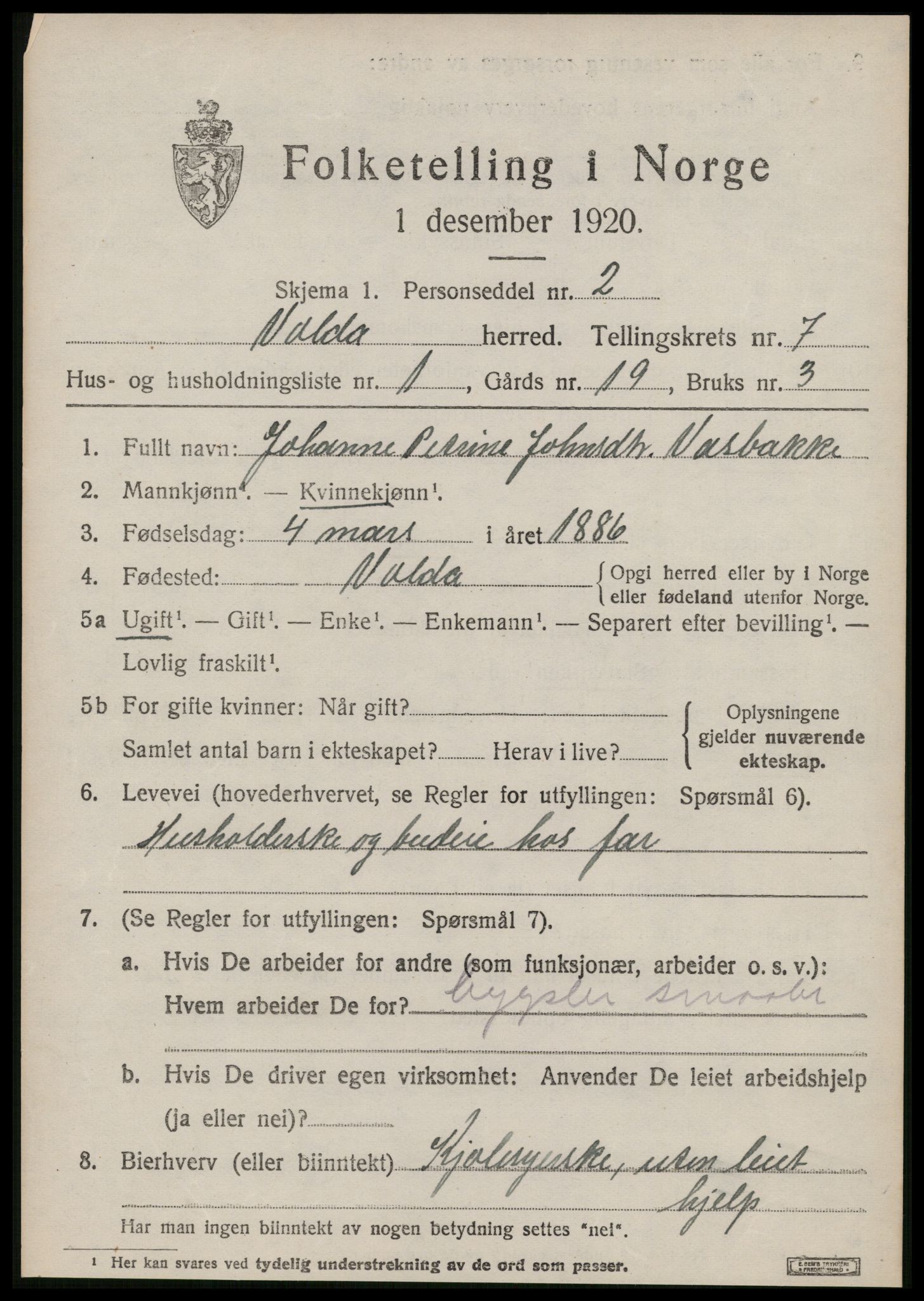 SAT, 1920 census for Volda, 1920, p. 6132