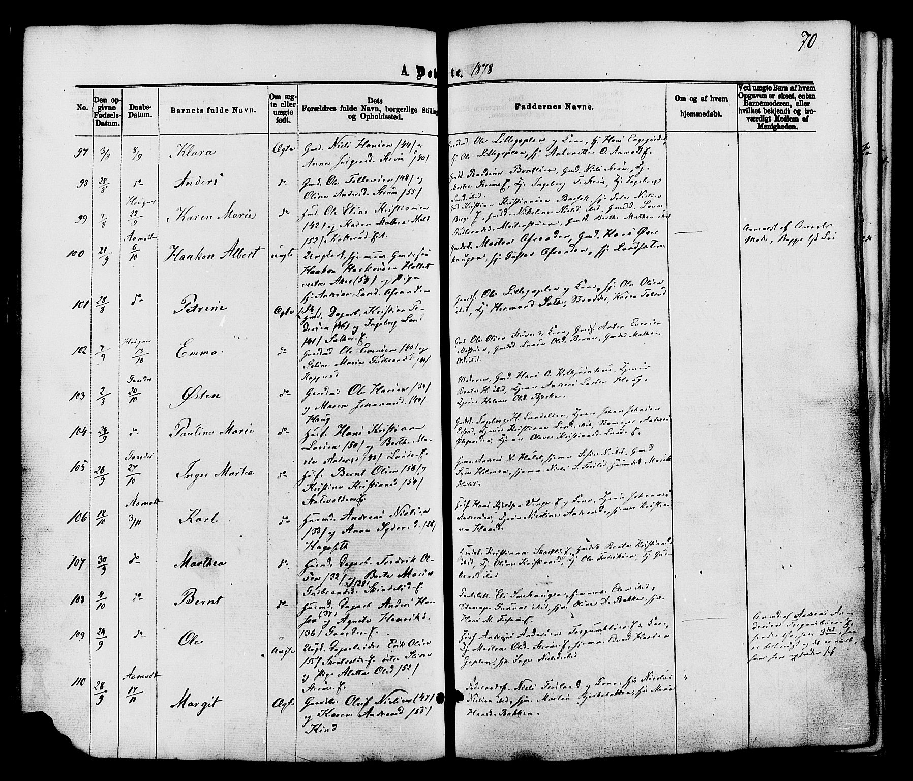 Nordre Land prestekontor, AV/SAH-PREST-124/H/Ha/Haa/L0002: Parish register (official) no. 2, 1872-1881, p. 70