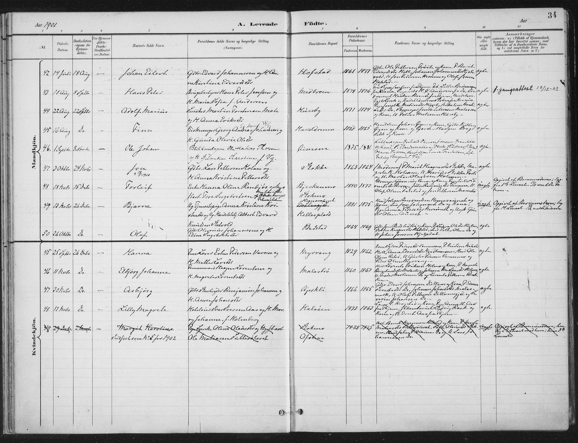 Ministerialprotokoller, klokkerbøker og fødselsregistre - Nord-Trøndelag, AV/SAT-A-1458/709/L0082: Parish register (official) no. 709A22, 1896-1916, p. 34