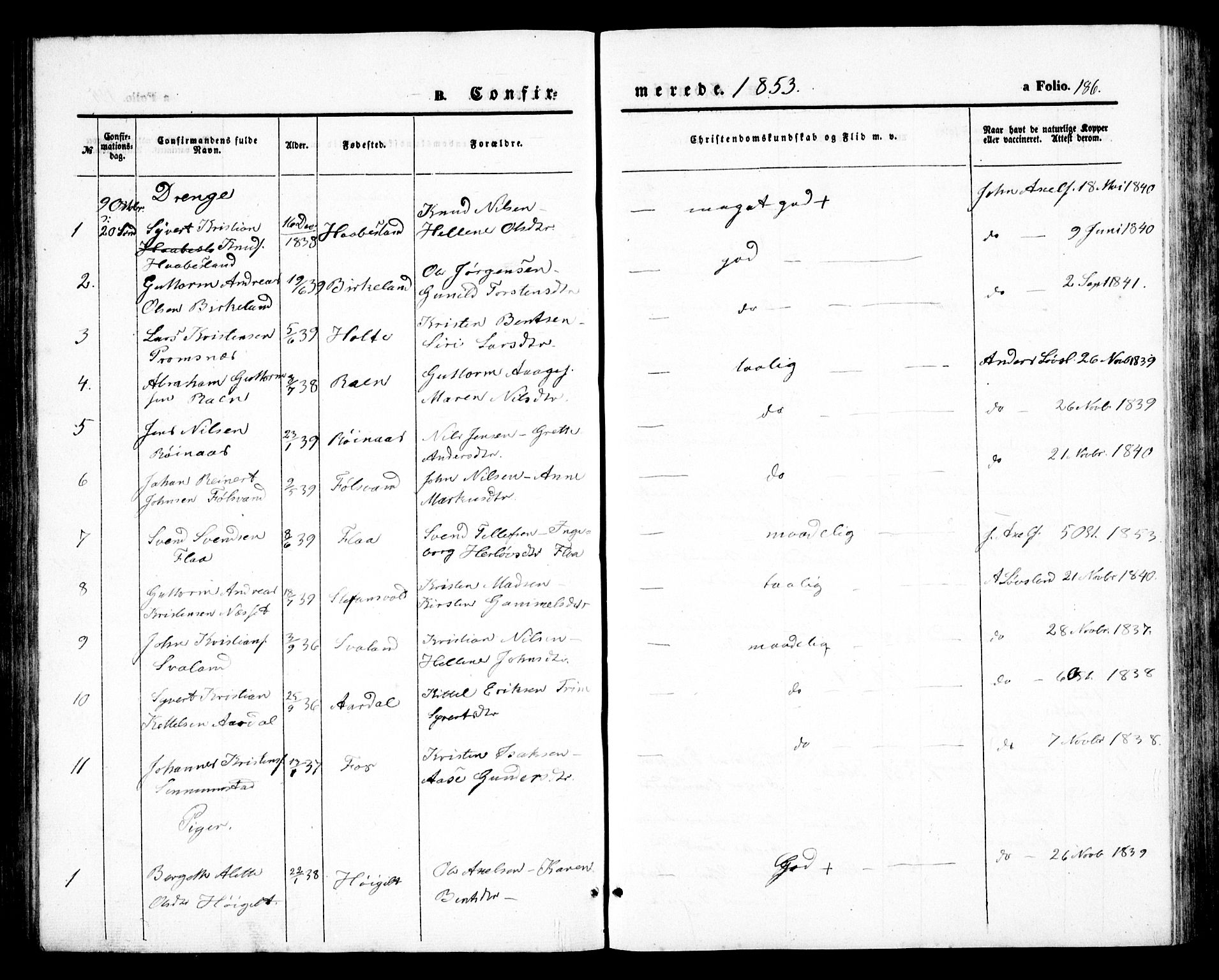 Birkenes sokneprestkontor, SAK/1111-0004/F/Fb/L0002: Parish register (copy) no. B 2, 1849-1876, p. 186