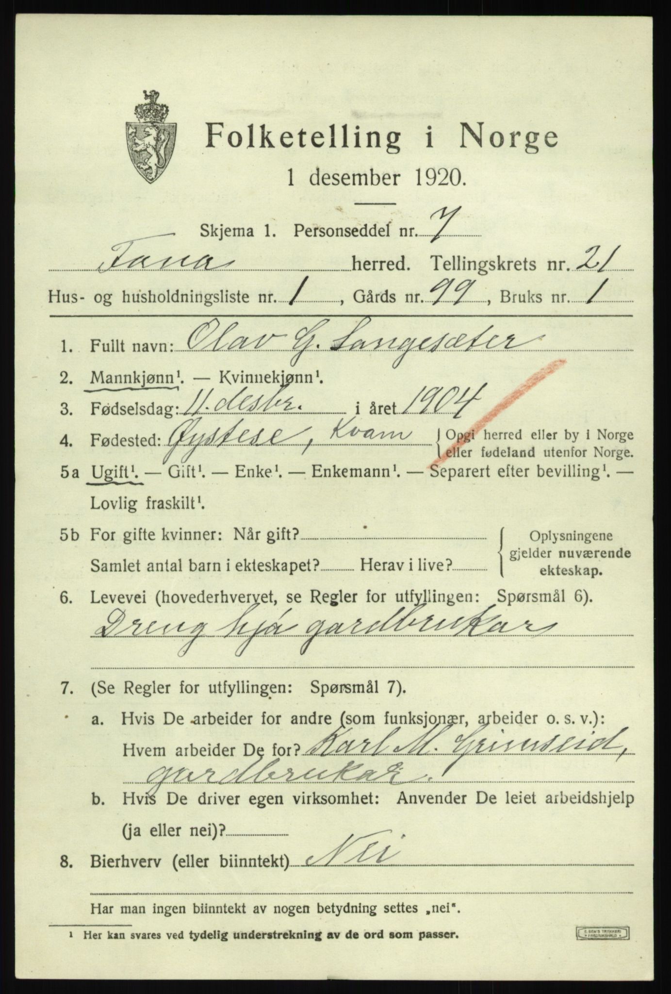 SAB, 1920 census for Fana, 1920, p. 24727