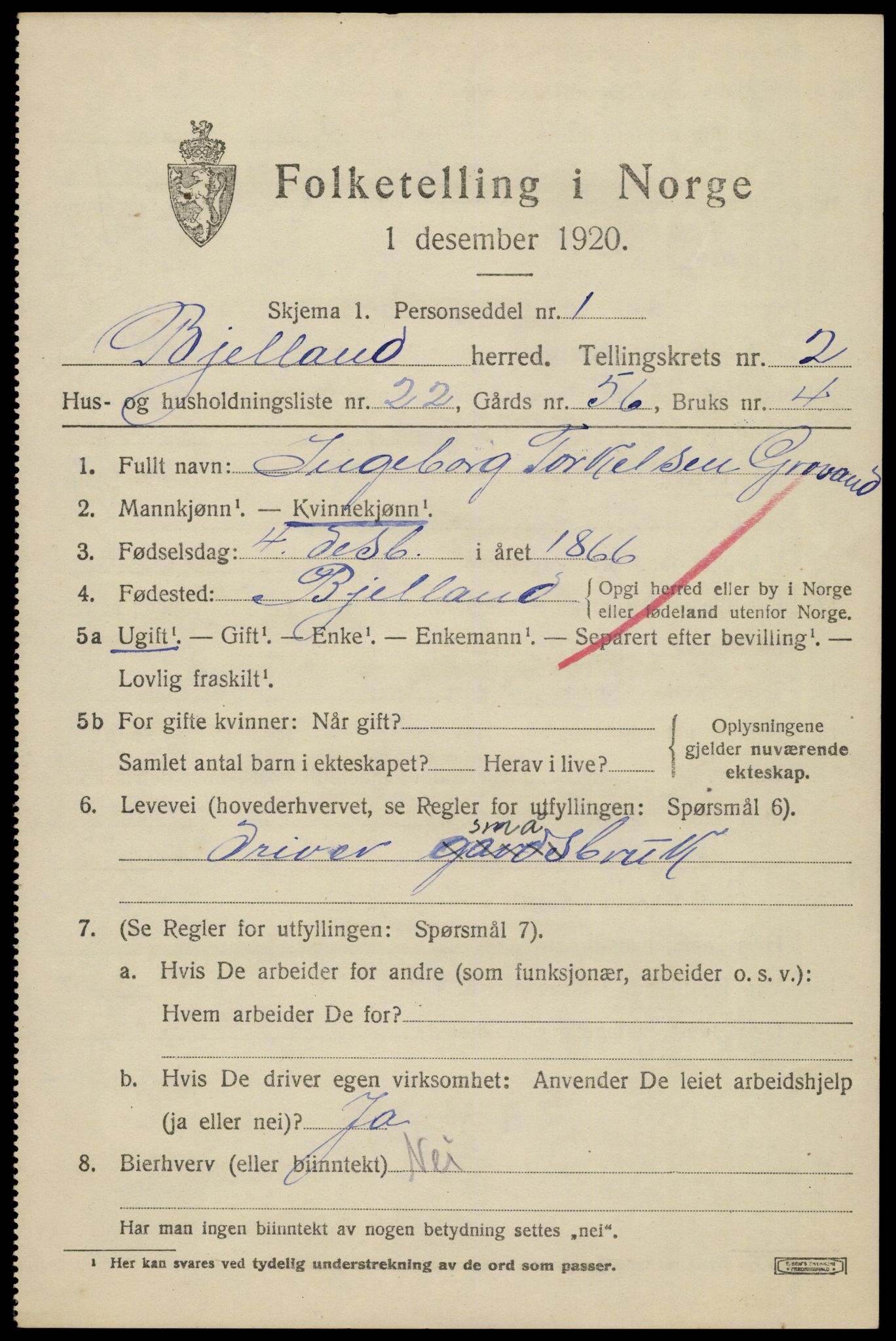 SAK, 1920 census for Bjelland, 1920, p. 949