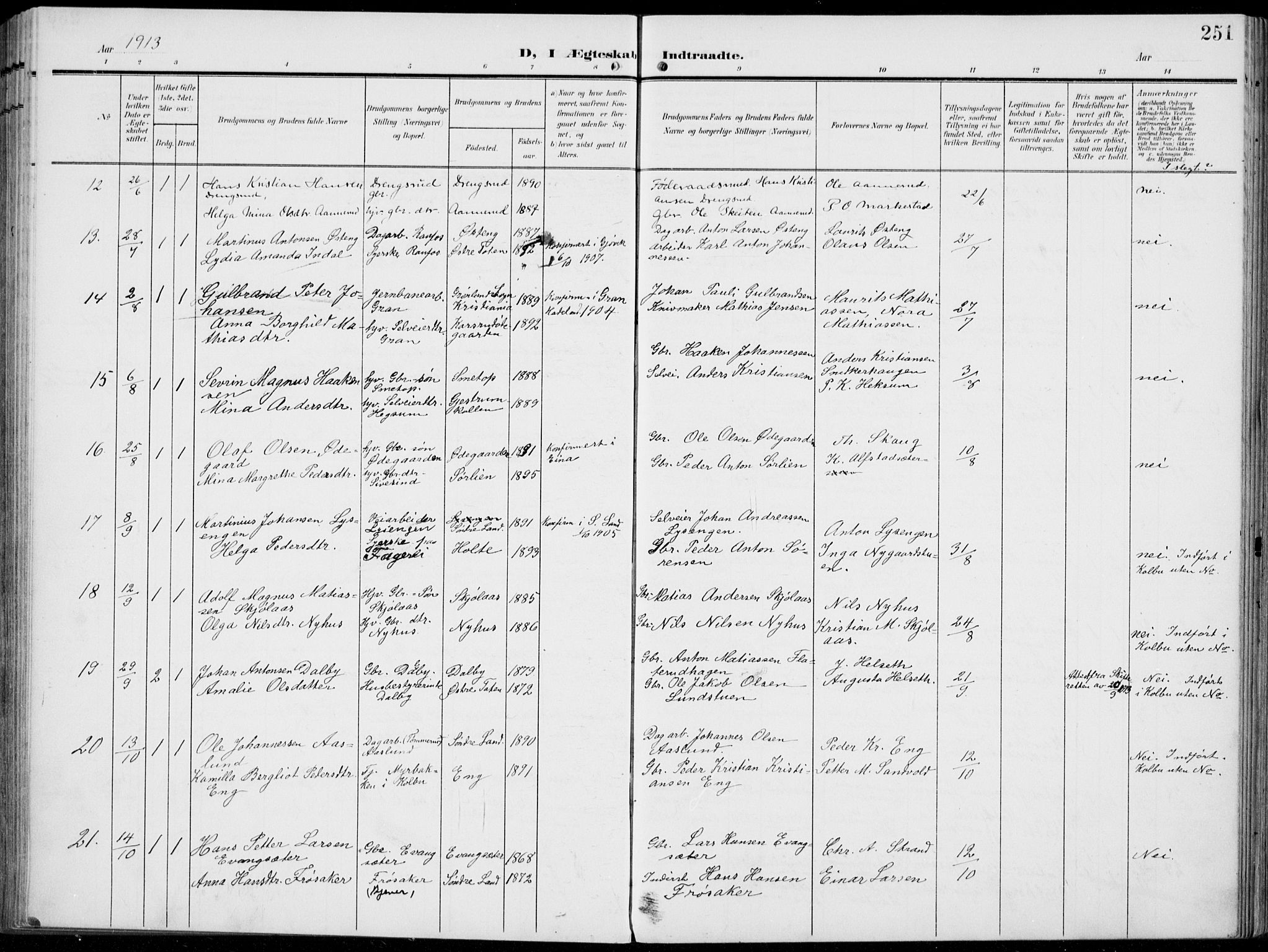 Vestre Toten prestekontor, AV/SAH-PREST-108/H/Ha/Haa/L0014: Parish register (official) no. 14, 1907-1920, p. 251