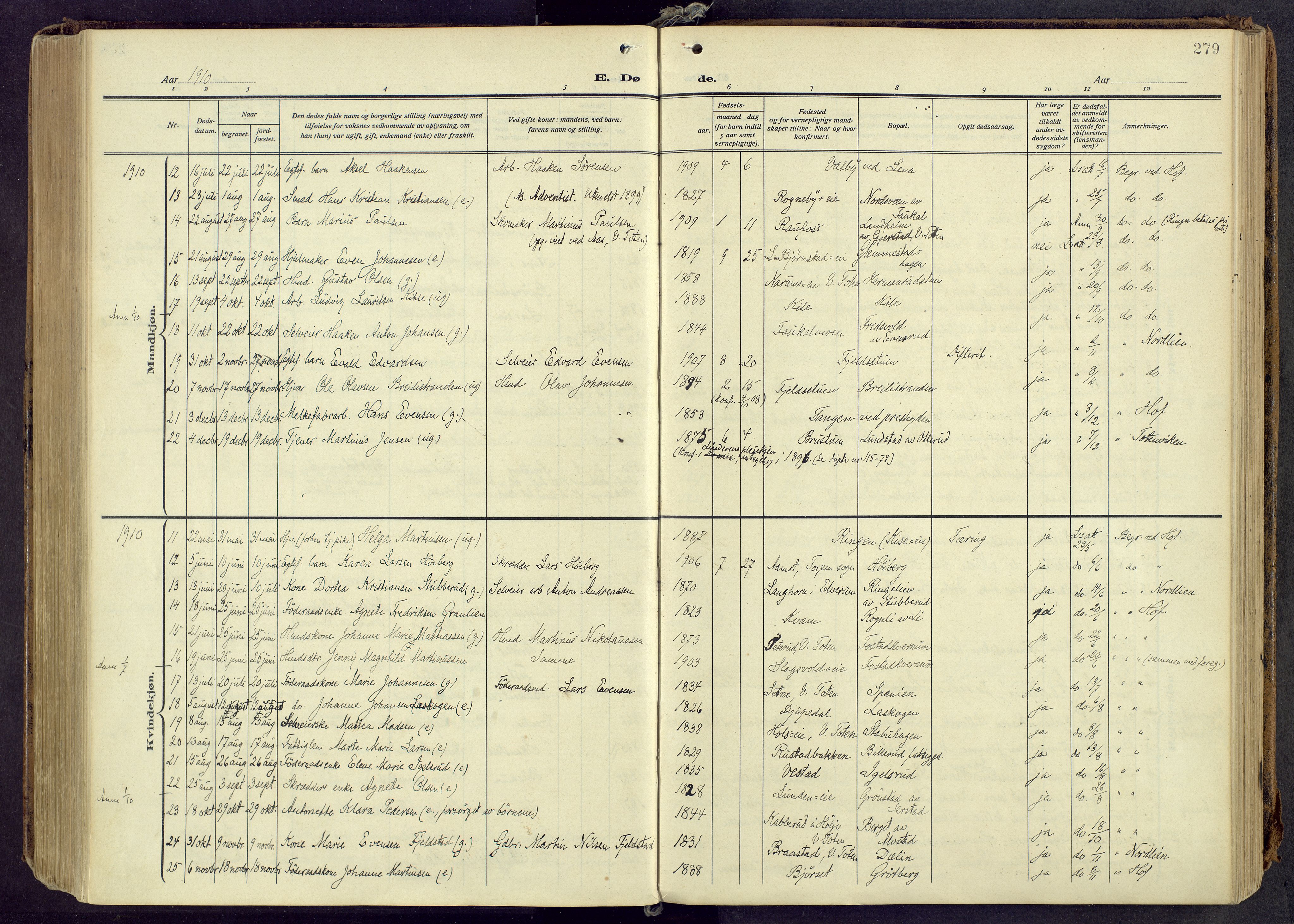 Østre Toten prestekontor, AV/SAH-PREST-104/H/Ha/Haa/L0010: Parish register (official) no. 10, 1910-1920, p. 279