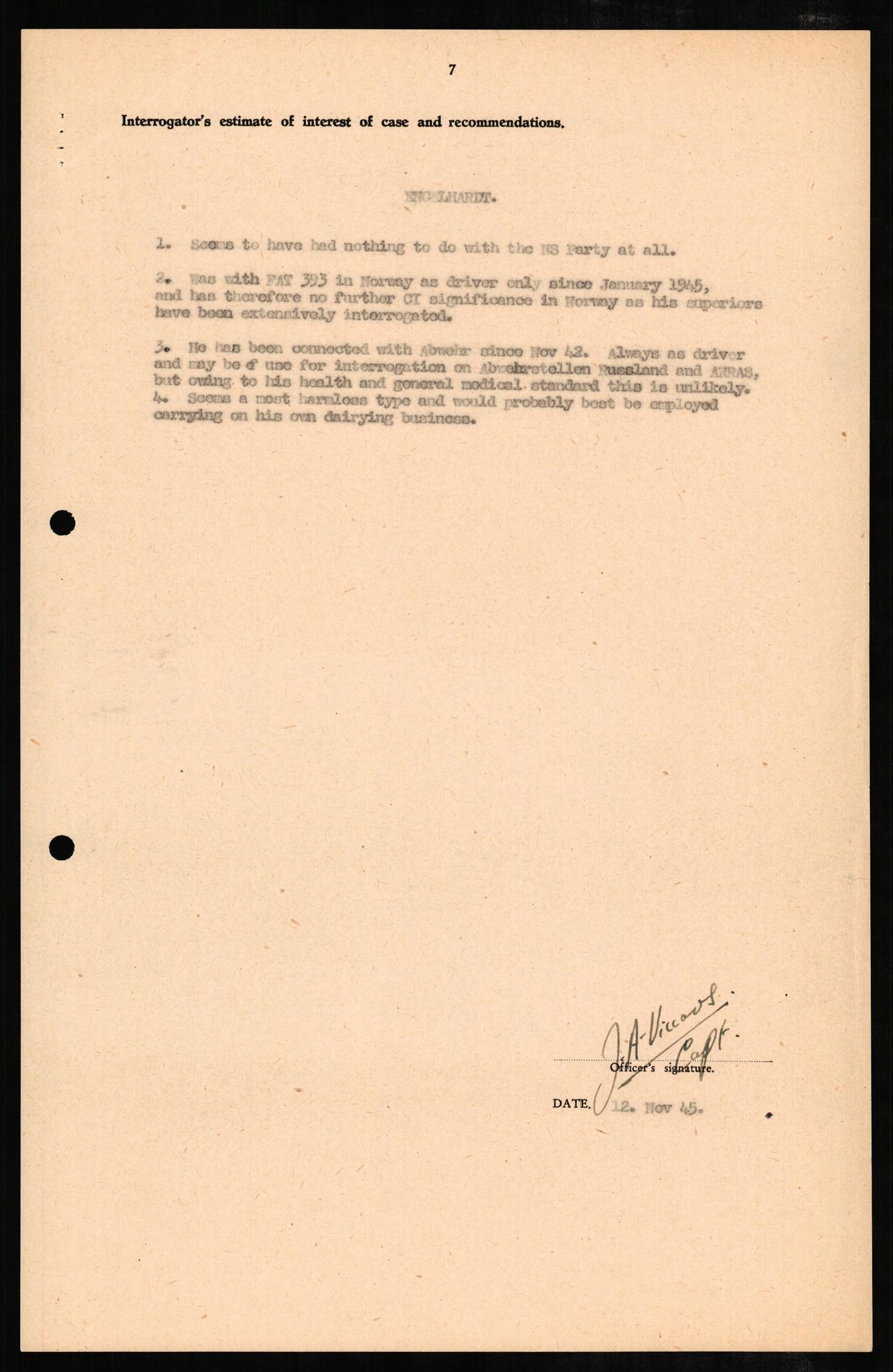 Forsvaret, Forsvarets overkommando II, AV/RA-RAFA-3915/D/Db/L0007: CI Questionaires. Tyske okkupasjonsstyrker i Norge. Tyskere., 1945-1946, p. 228