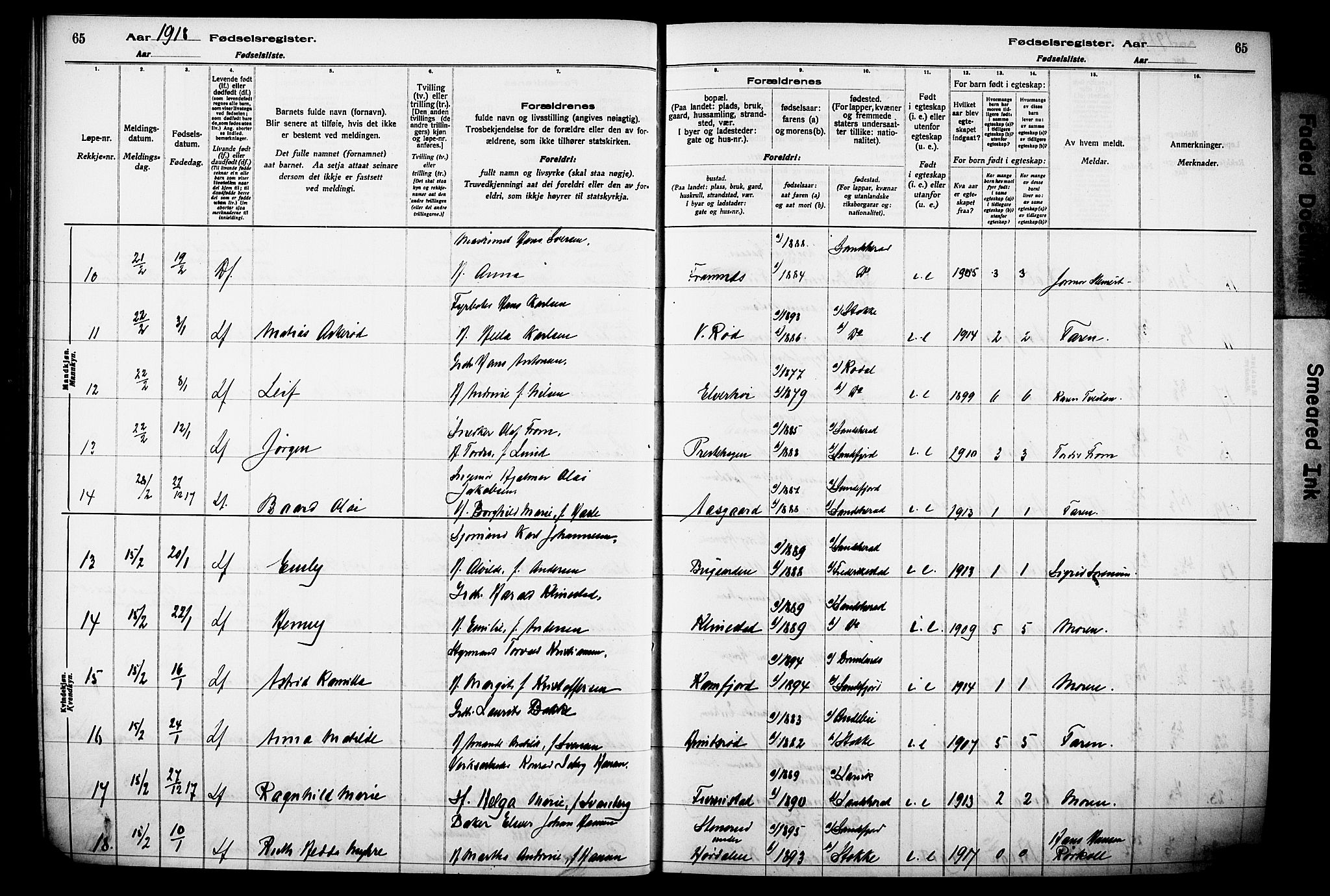 Sandar kirkebøker, AV/SAKO-A-243/J/Ja/L0001: Birth register no. 1, 1916-1922, p. 65