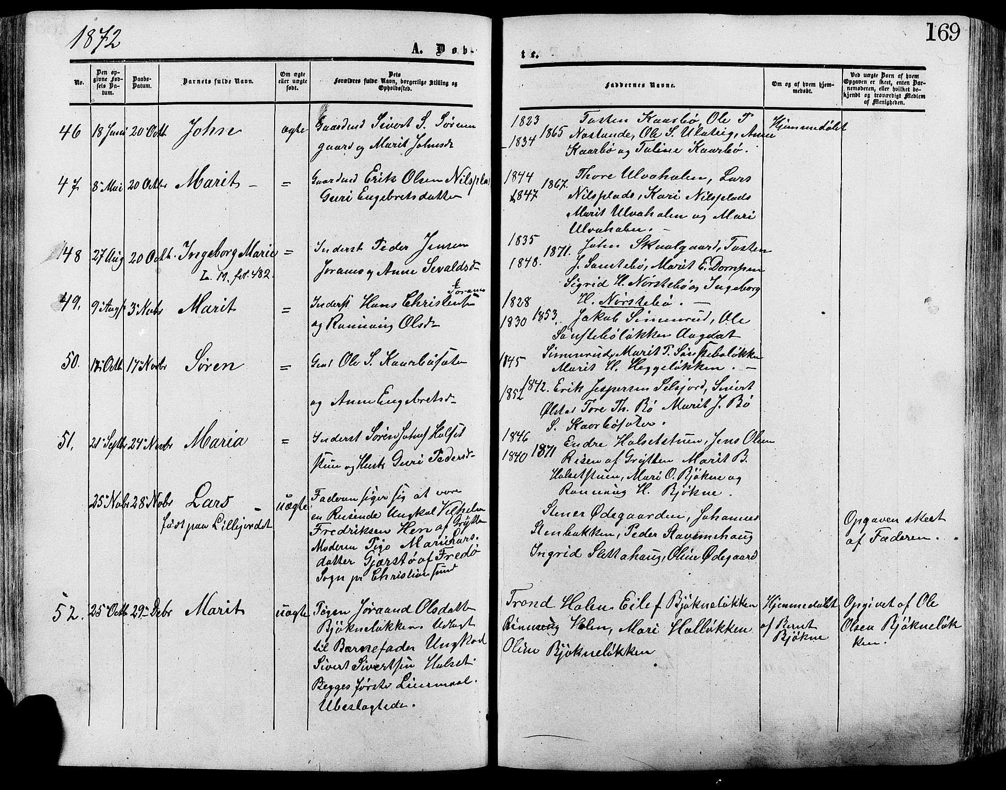 Lesja prestekontor, SAH/PREST-068/H/Ha/Haa/L0008: Parish register (official) no. 8, 1854-1880, p. 169