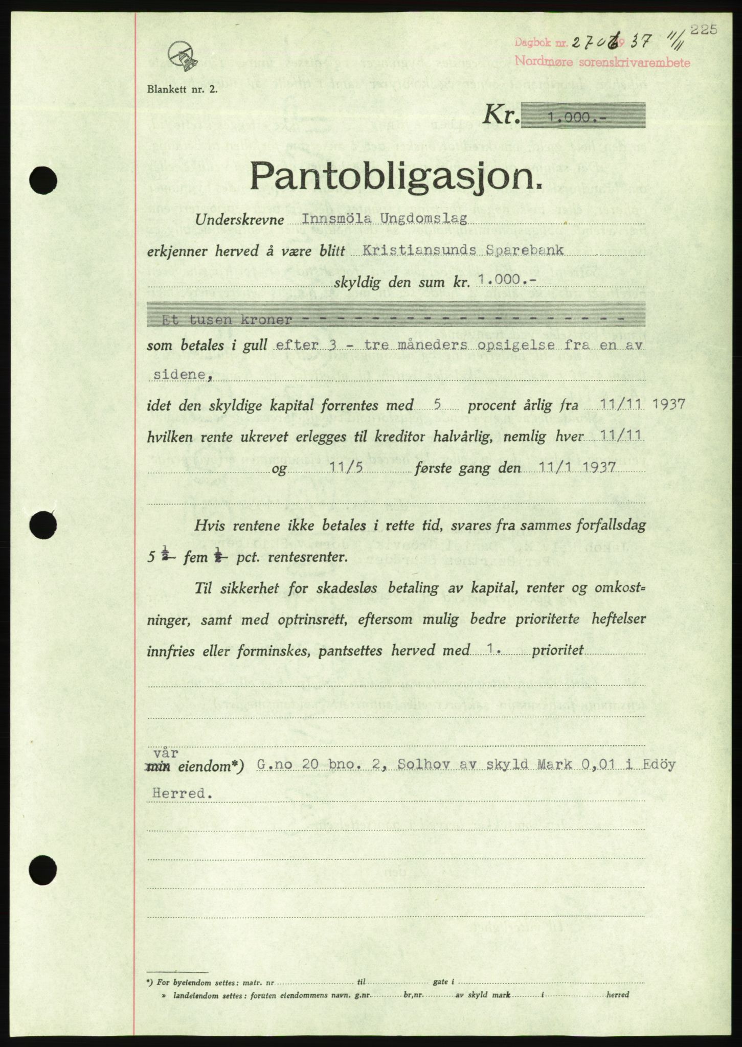 Nordmøre sorenskriveri, AV/SAT-A-4132/1/2/2Ca/L0092: Mortgage book no. B82, 1937-1938, Diary no: : 2706/1937