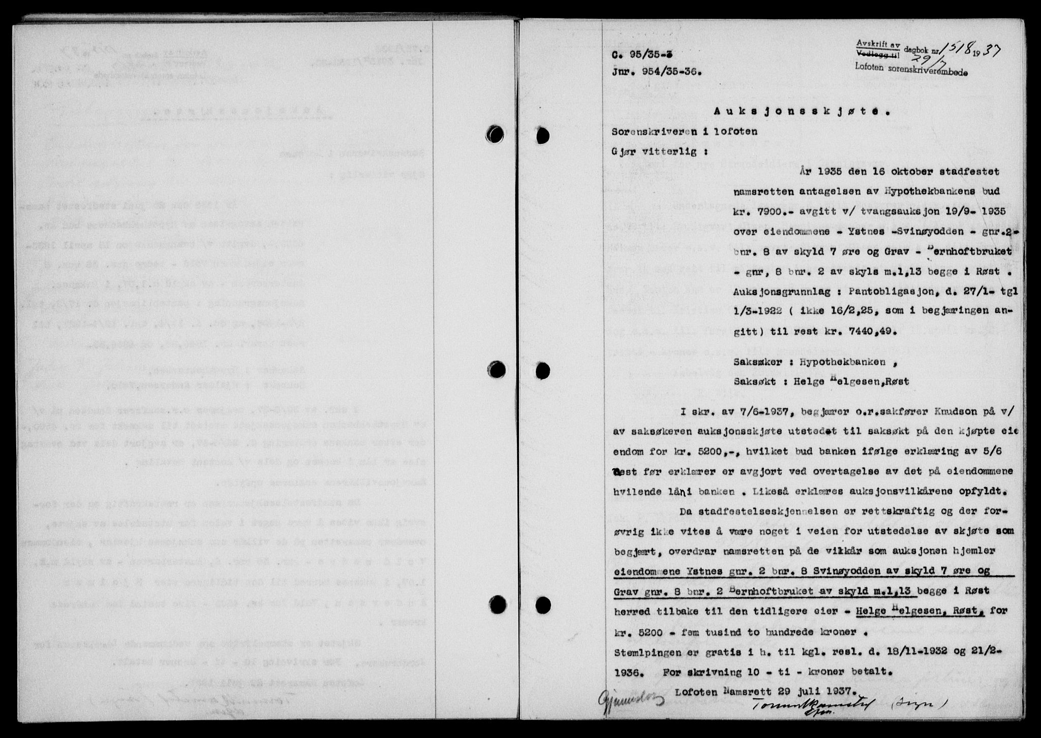 Lofoten sorenskriveri, SAT/A-0017/1/2/2C/L0002a: Mortgage book no. 2a, 1937-1937, Diary no: : 1518/1937