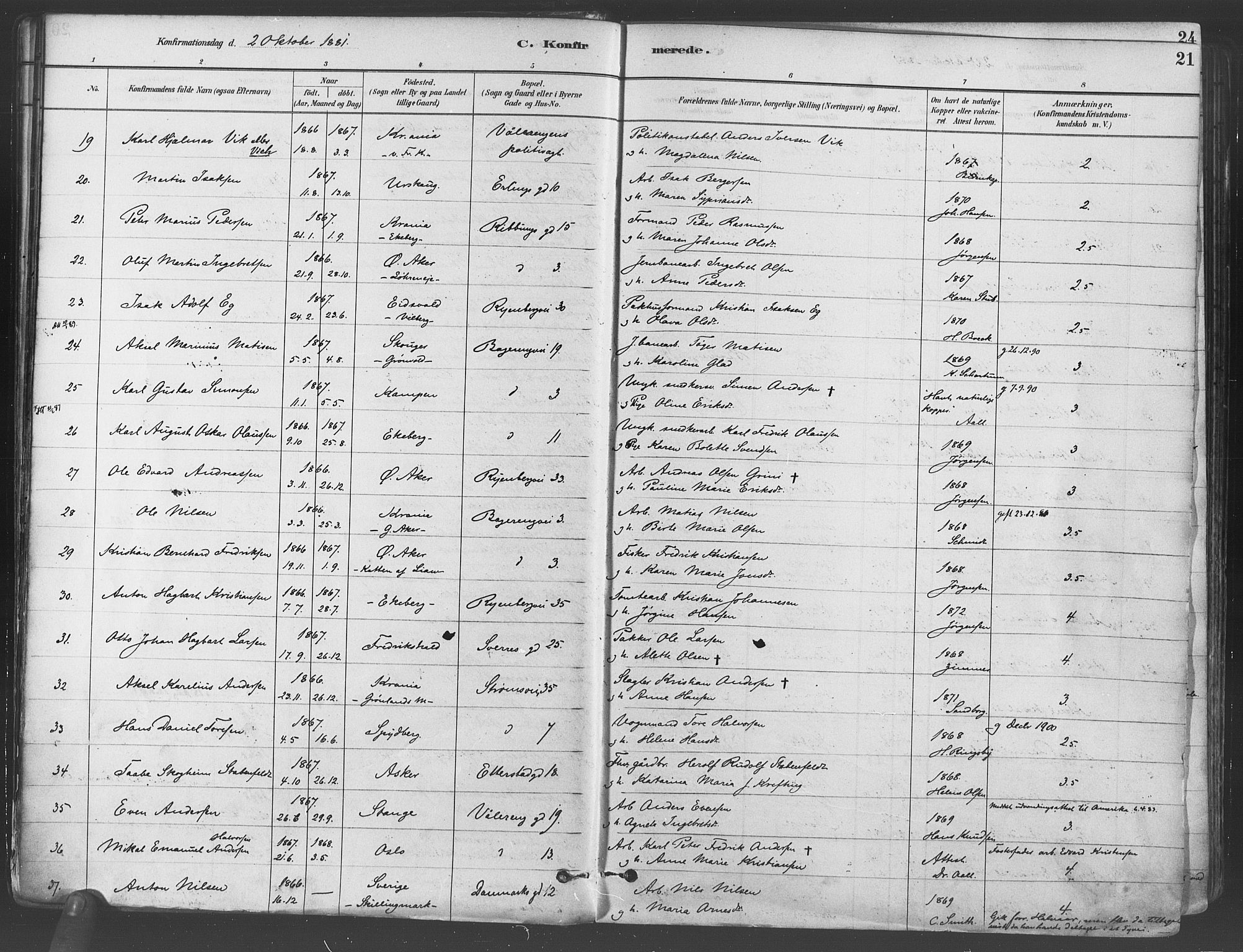 Gamlebyen prestekontor Kirkebøker, SAO/A-10884/F/Fa/L0006: Parish register (official) no. 6, 1881-1890, p. 21
