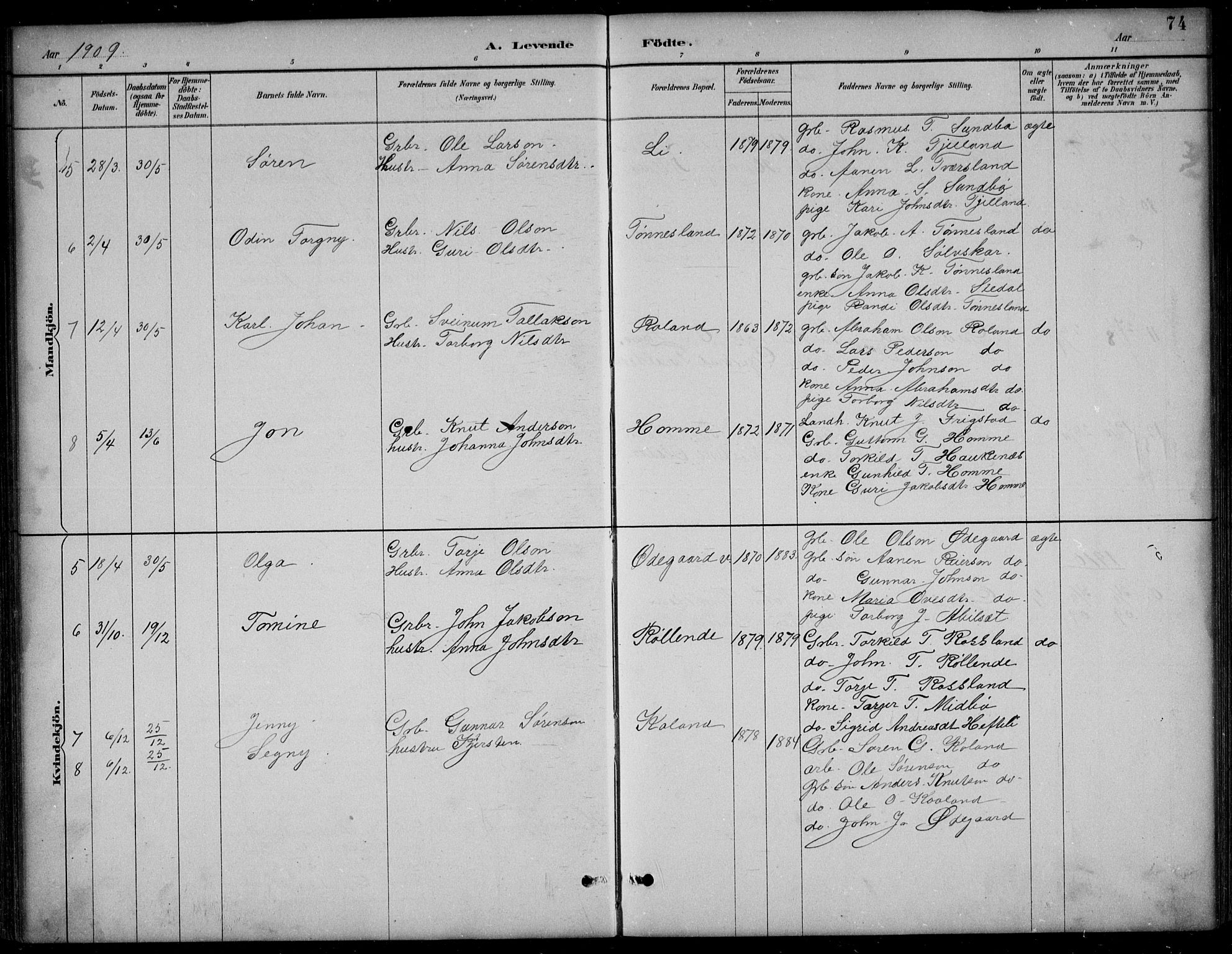 Bjelland sokneprestkontor, SAK/1111-0005/F/Fb/Fba/L0005: Parish register (copy) no. B 5, 1887-1923, p. 74