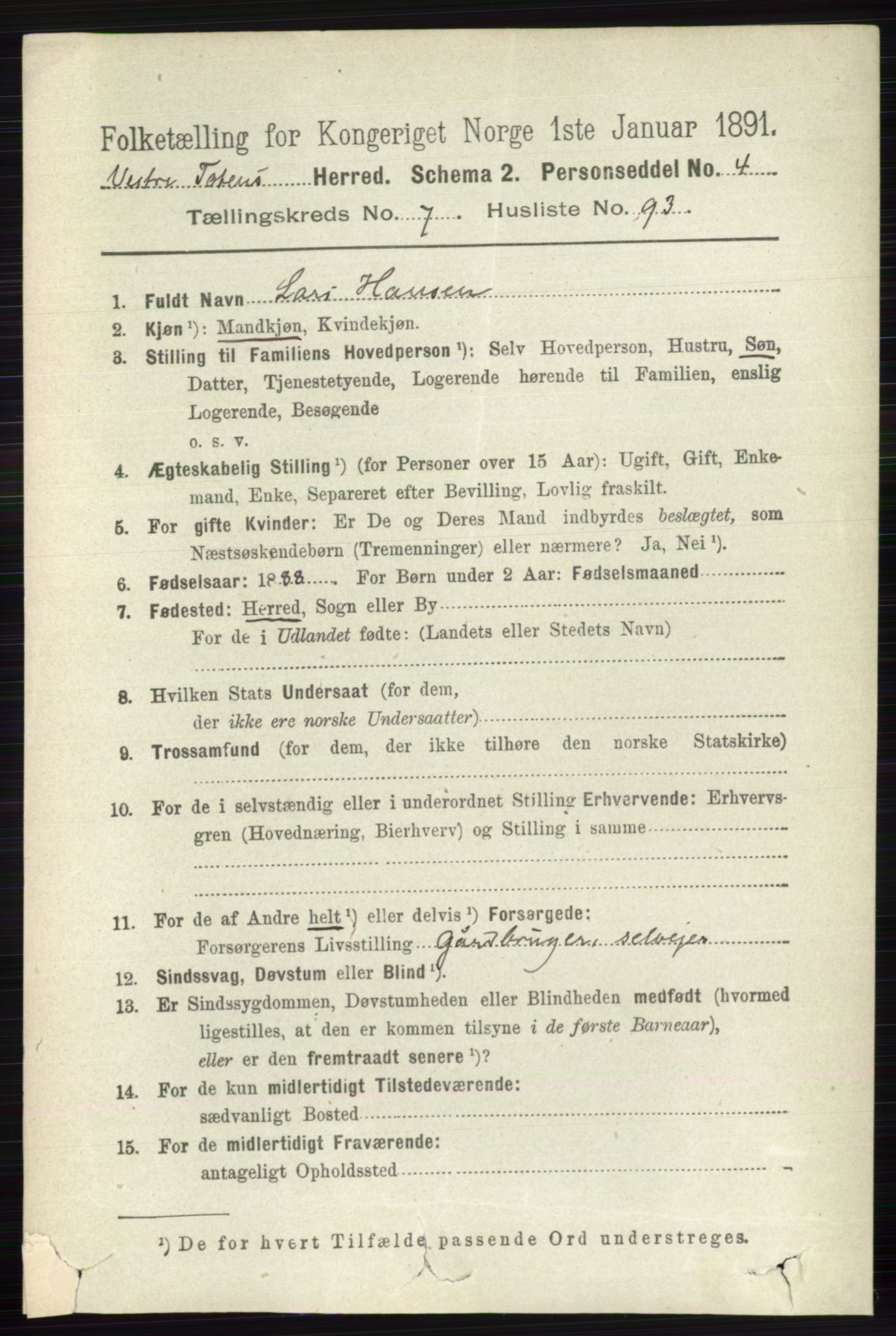 RA, 1891 census for 0529 Vestre Toten, 1891, p. 4911