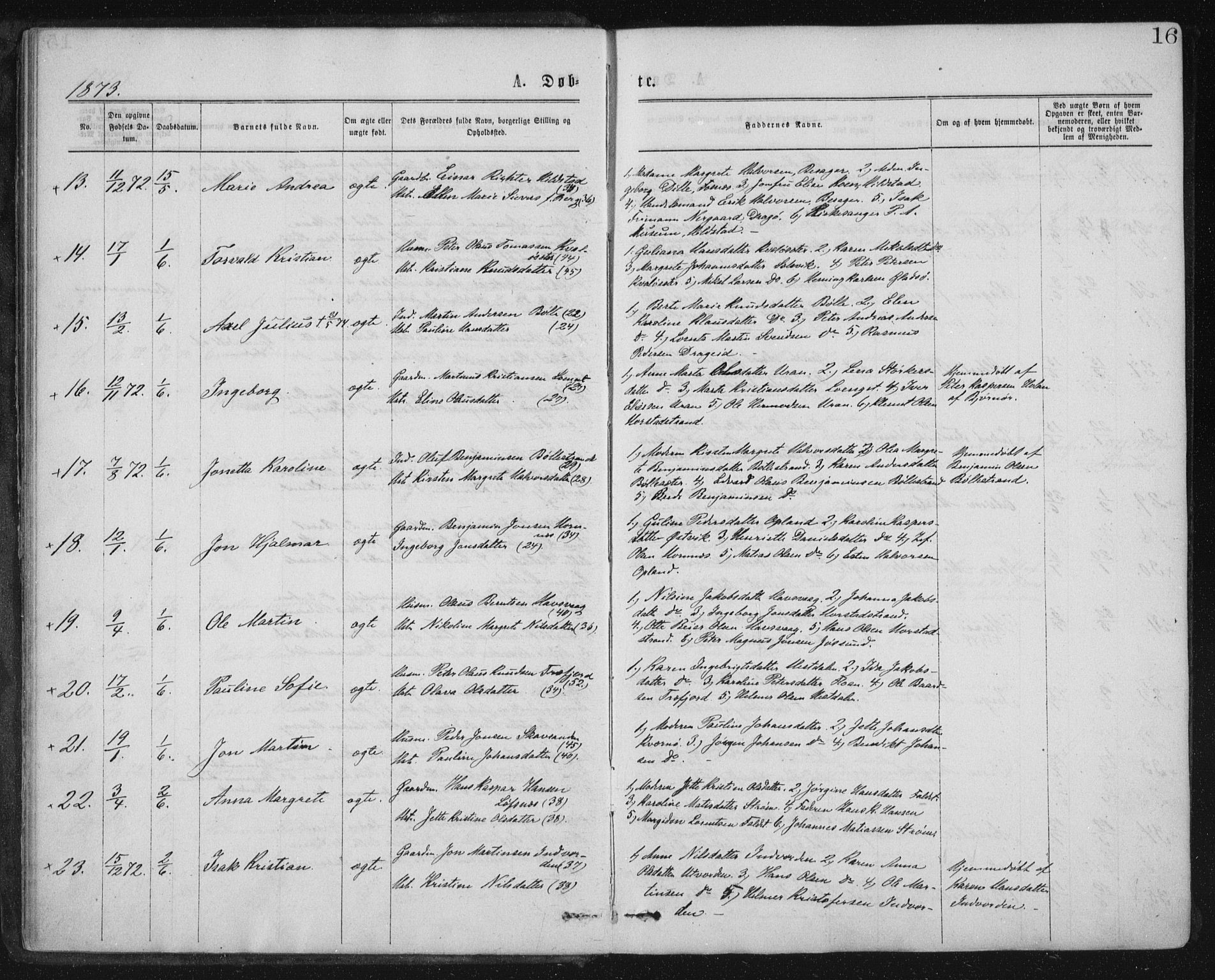 Ministerialprotokoller, klokkerbøker og fødselsregistre - Nord-Trøndelag, SAT/A-1458/771/L0596: Parish register (official) no. 771A03, 1870-1884, p. 16