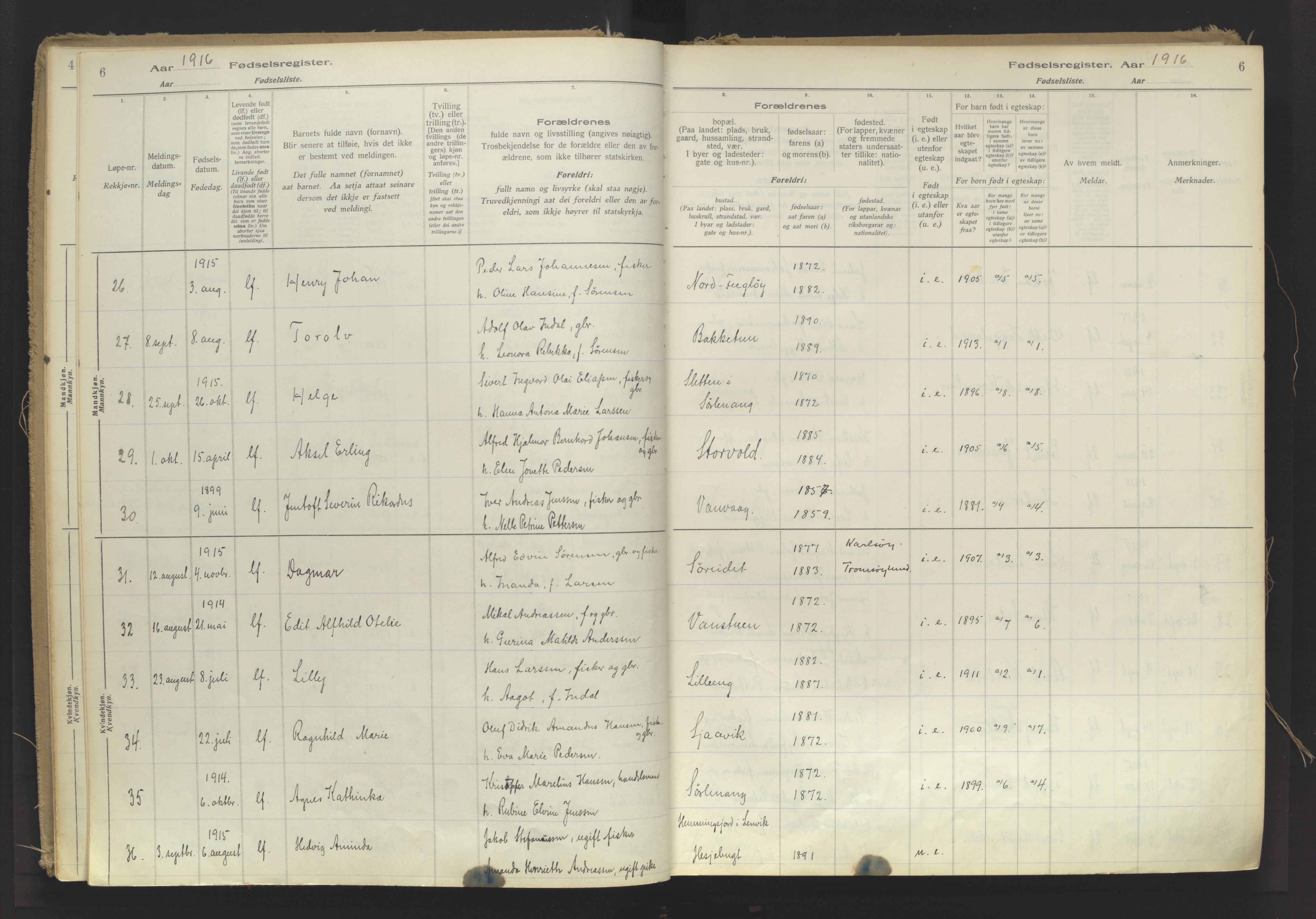 Karlsøy sokneprestembete, SATØ/S-1299/I/Ic/L0064: Birth register no. 64, 1916-1943, p. 6