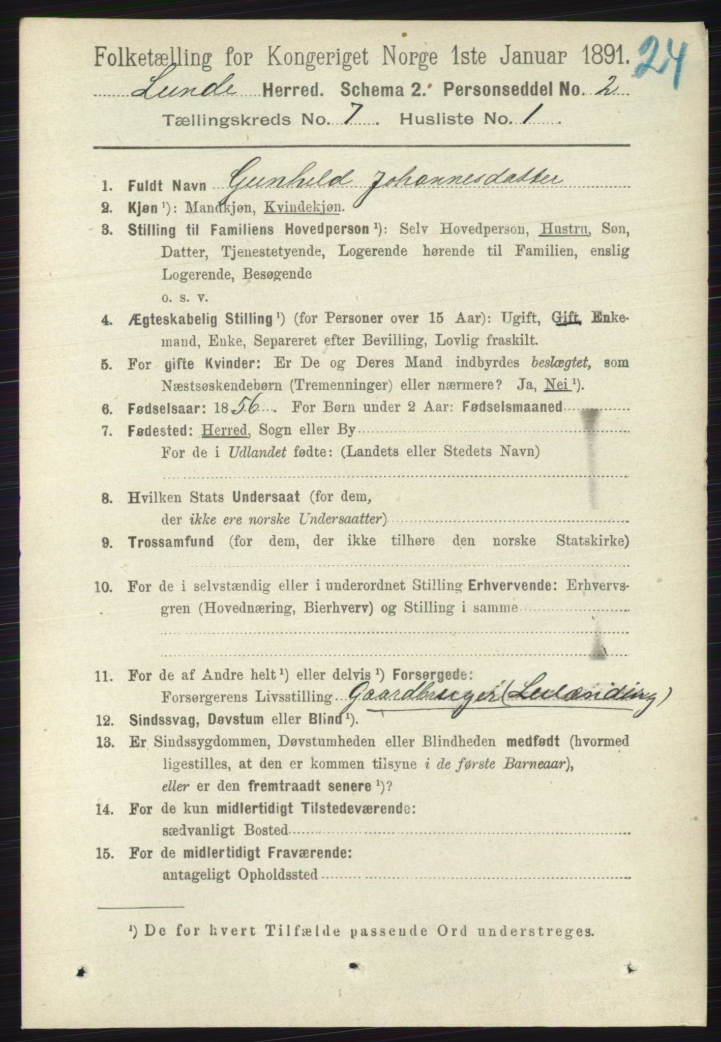 RA, 1891 census for 0820 Lunde, 1891, p. 2200