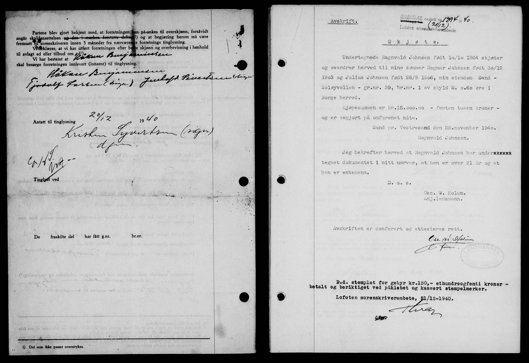 Lofoten sorenskriveri, SAT/A-0017/1/2/2C/L0008a: Mortgage book no. 8a, 1940-1941, Diary no: : 1294/1940