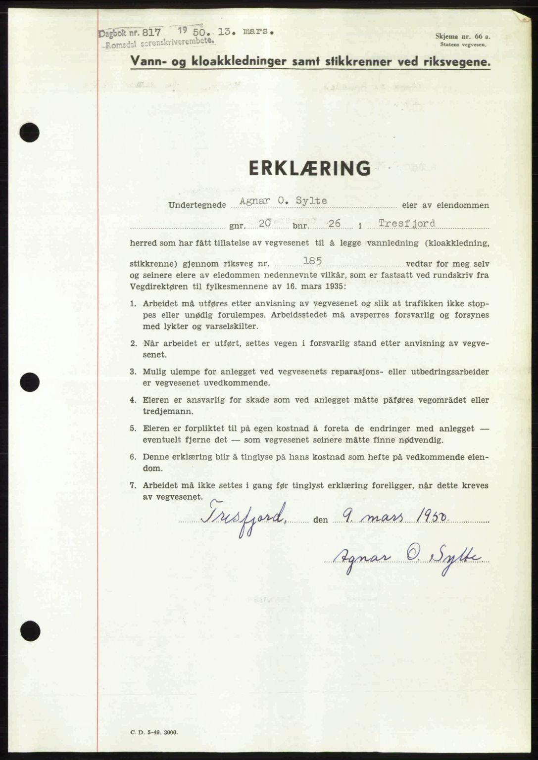 Romsdal sorenskriveri, AV/SAT-A-4149/1/2/2C: Mortgage book no. A32, 1950-1950, Diary no: : 817/1950