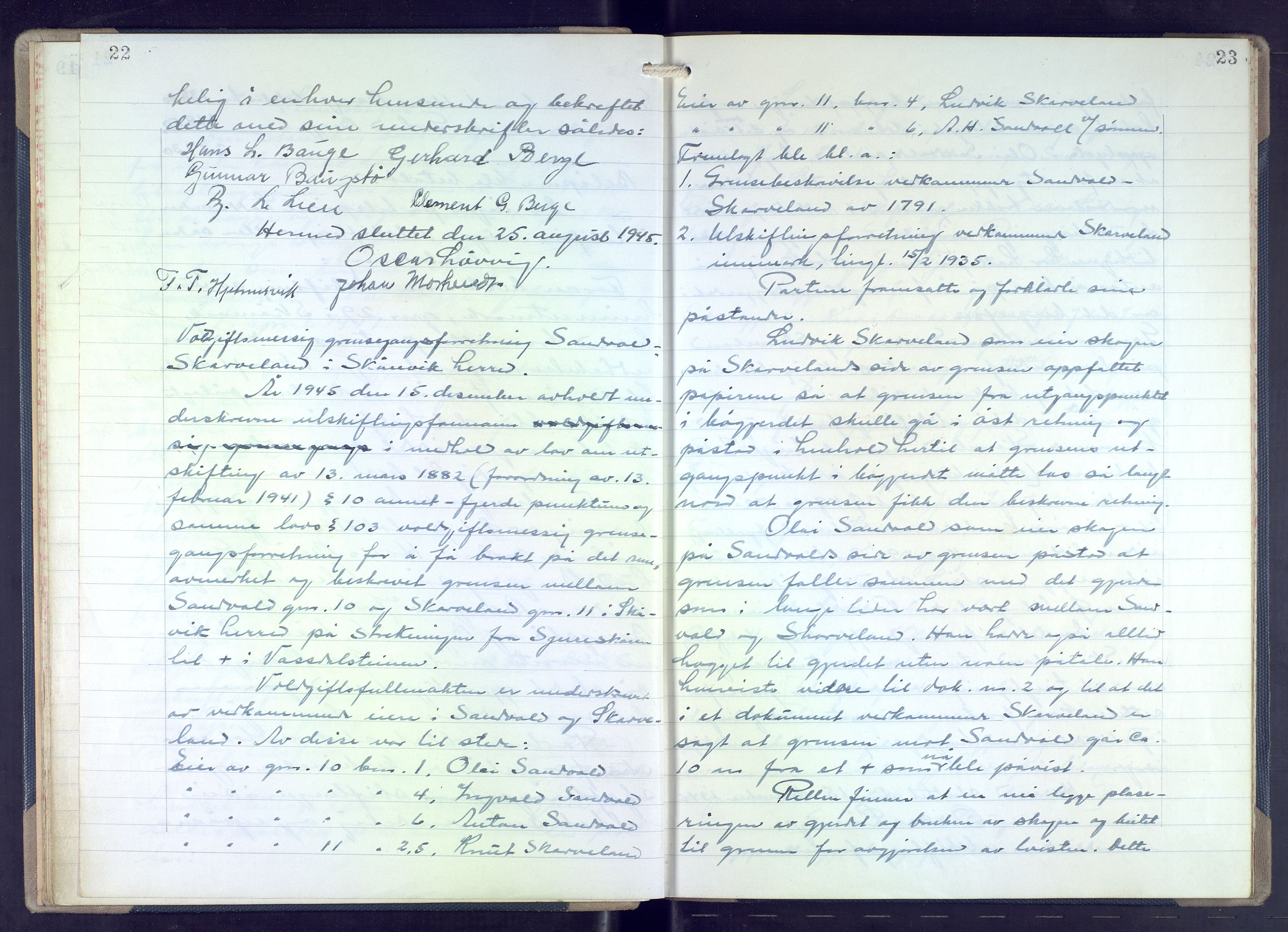 Hordaland jordskiftedøme - VII Indre Sunnhordland jordskiftedistrikt, AV/SAB-A-7401/A/Aa/L0021: Forhandlingsprotokoll, 1945-1953, p. 22-23