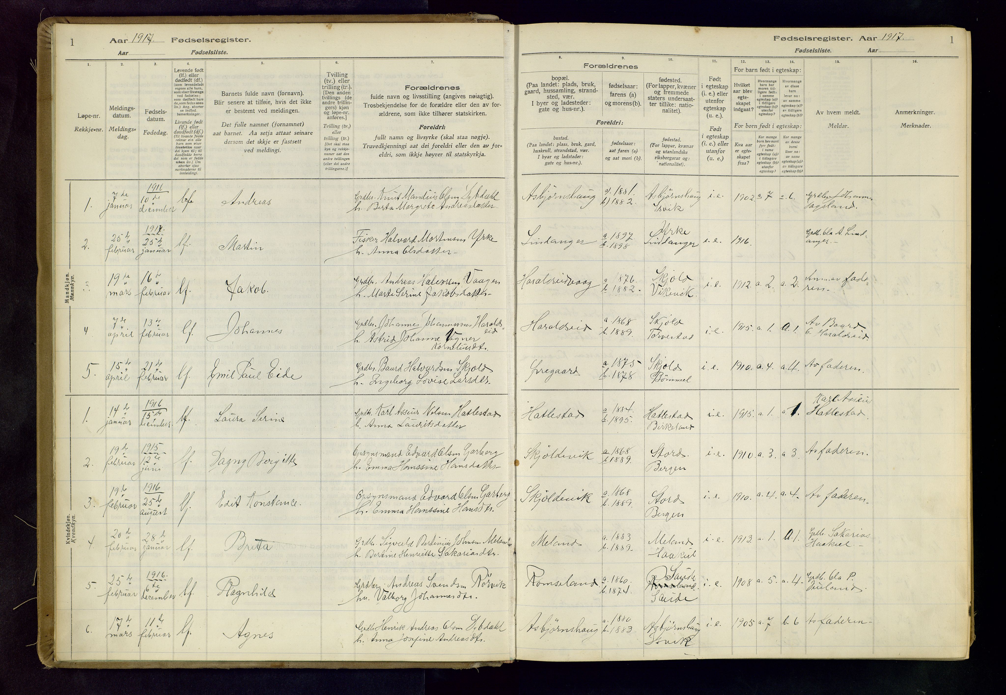 Skjold sokneprestkontor, SAST/A-101847/I/Id/L0001: Birth register no. 1, 1917-1951, p. 1
