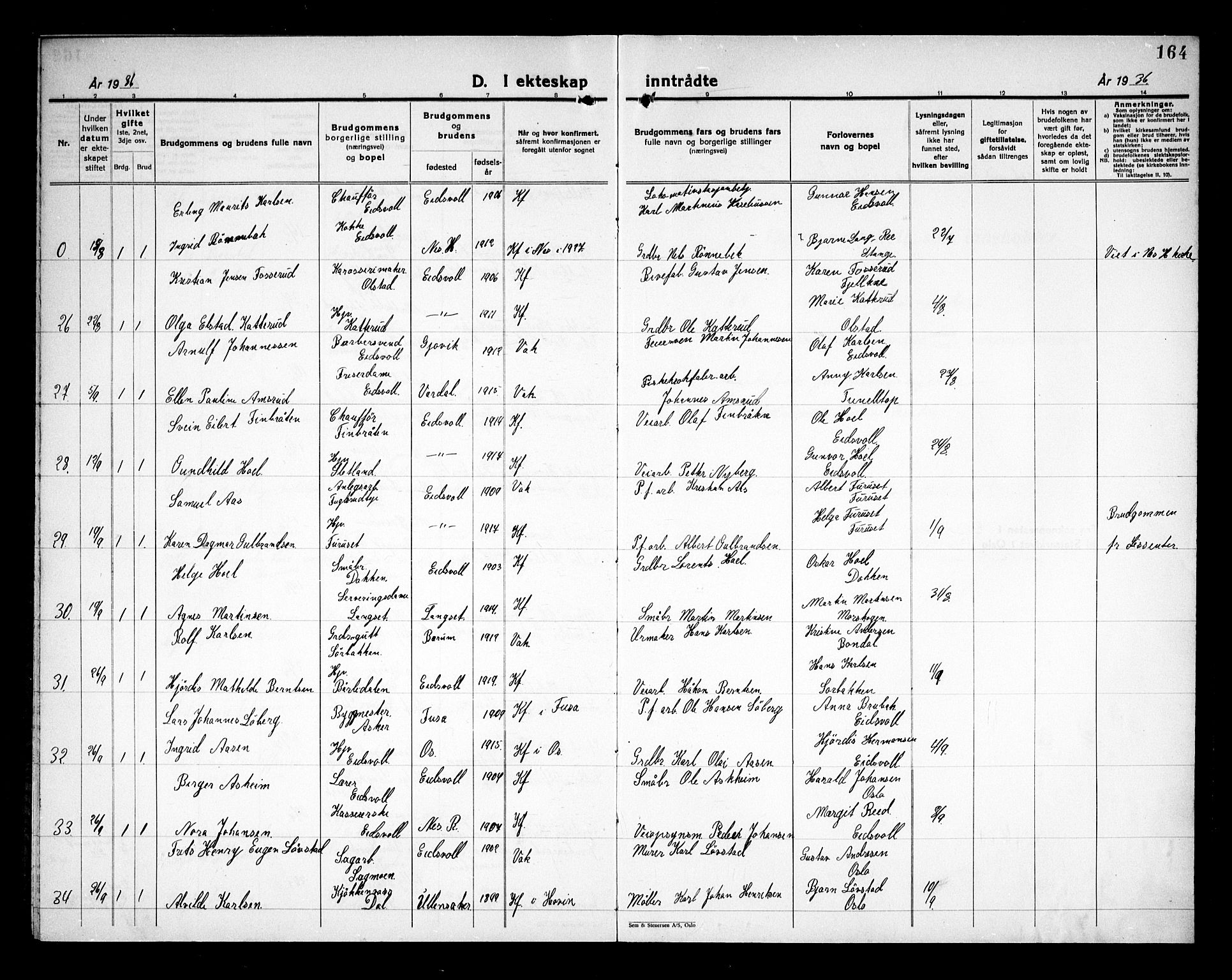 Eidsvoll prestekontor Kirkebøker, AV/SAO-A-10888/G/Ga/L0011: Parish register (copy) no. I 11, 1926-1936, p. 164