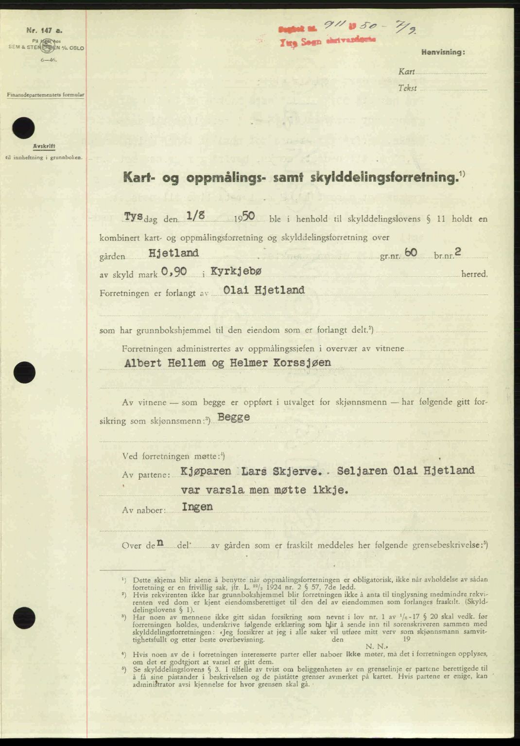 Ytre Sogn tingrett, SAB/A-2601/1/G/Gbb/L0009: Mortgage book no. A6 - A7 (B4), 1950-1950, Diary no: : 911/1950