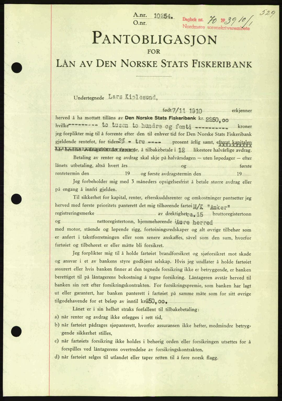 Nordmøre sorenskriveri, SAT/A-4132/1/2/2Ca: Mortgage book no. B84, 1938-1939, Diary no: : 70/1939