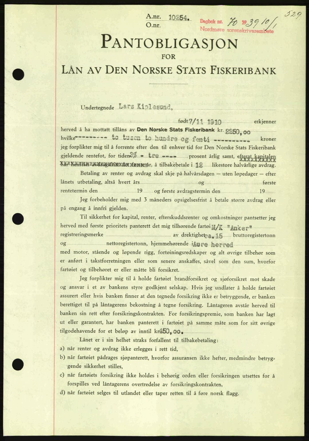 Nordmøre sorenskriveri, AV/SAT-A-4132/1/2/2Ca: Mortgage book no. B84, 1938-1939, Diary no: : 70/1939