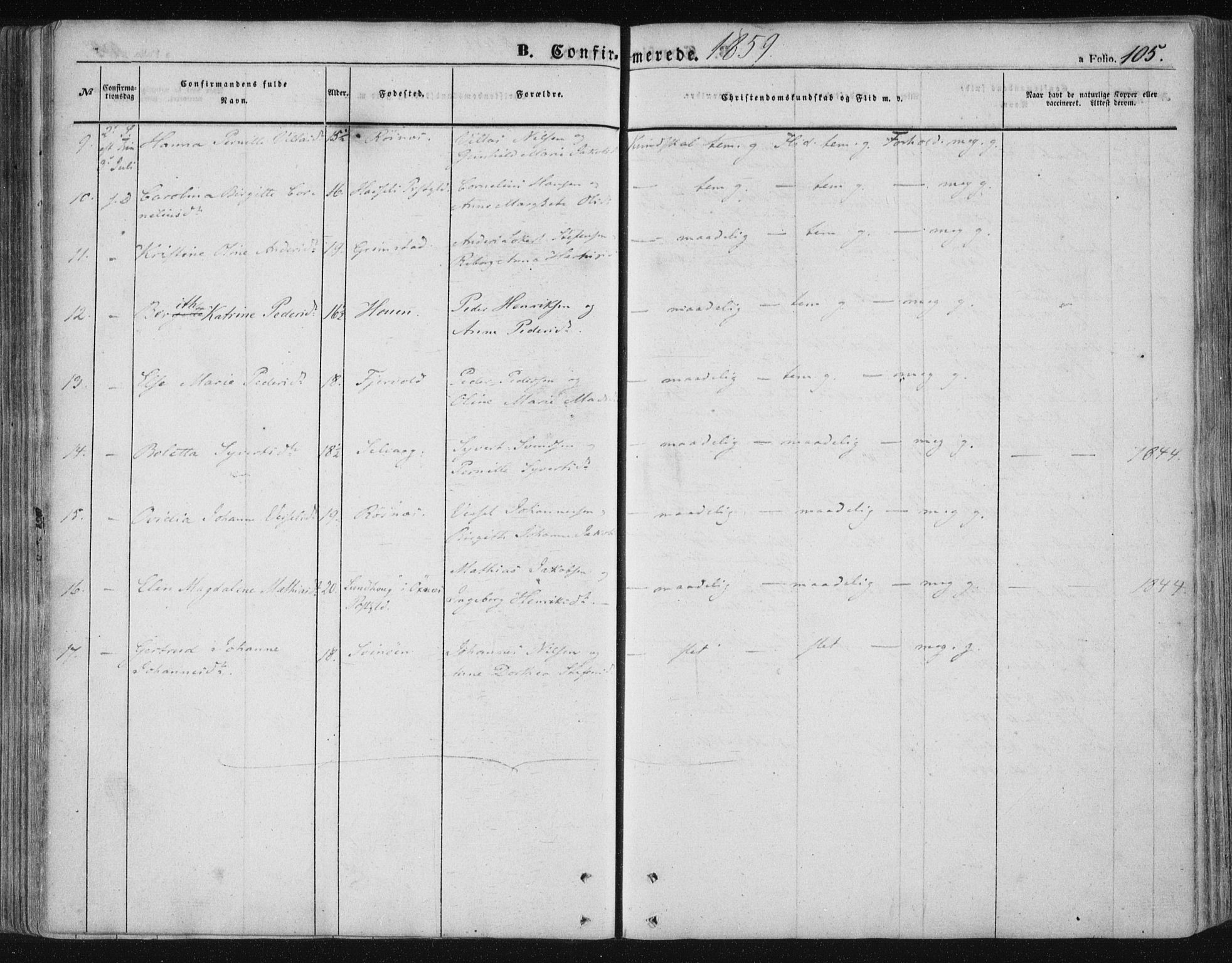 Ministerialprotokoller, klokkerbøker og fødselsregistre - Nordland, AV/SAT-A-1459/891/L1300: Parish register (official) no. 891A05, 1856-1870, p. 105