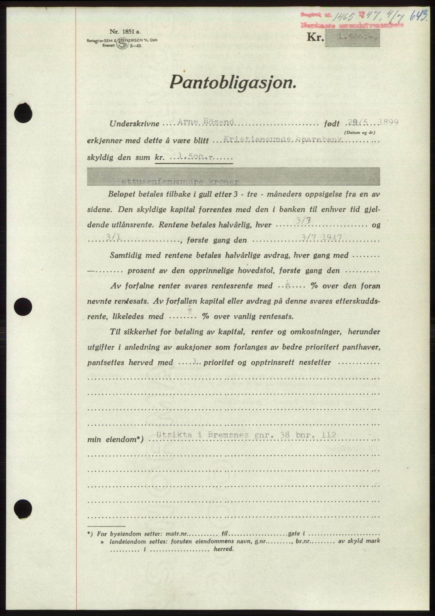 Nordmøre sorenskriveri, AV/SAT-A-4132/1/2/2Ca: Mortgage book no. B96, 1947-1947, Diary no: : 1465/1947