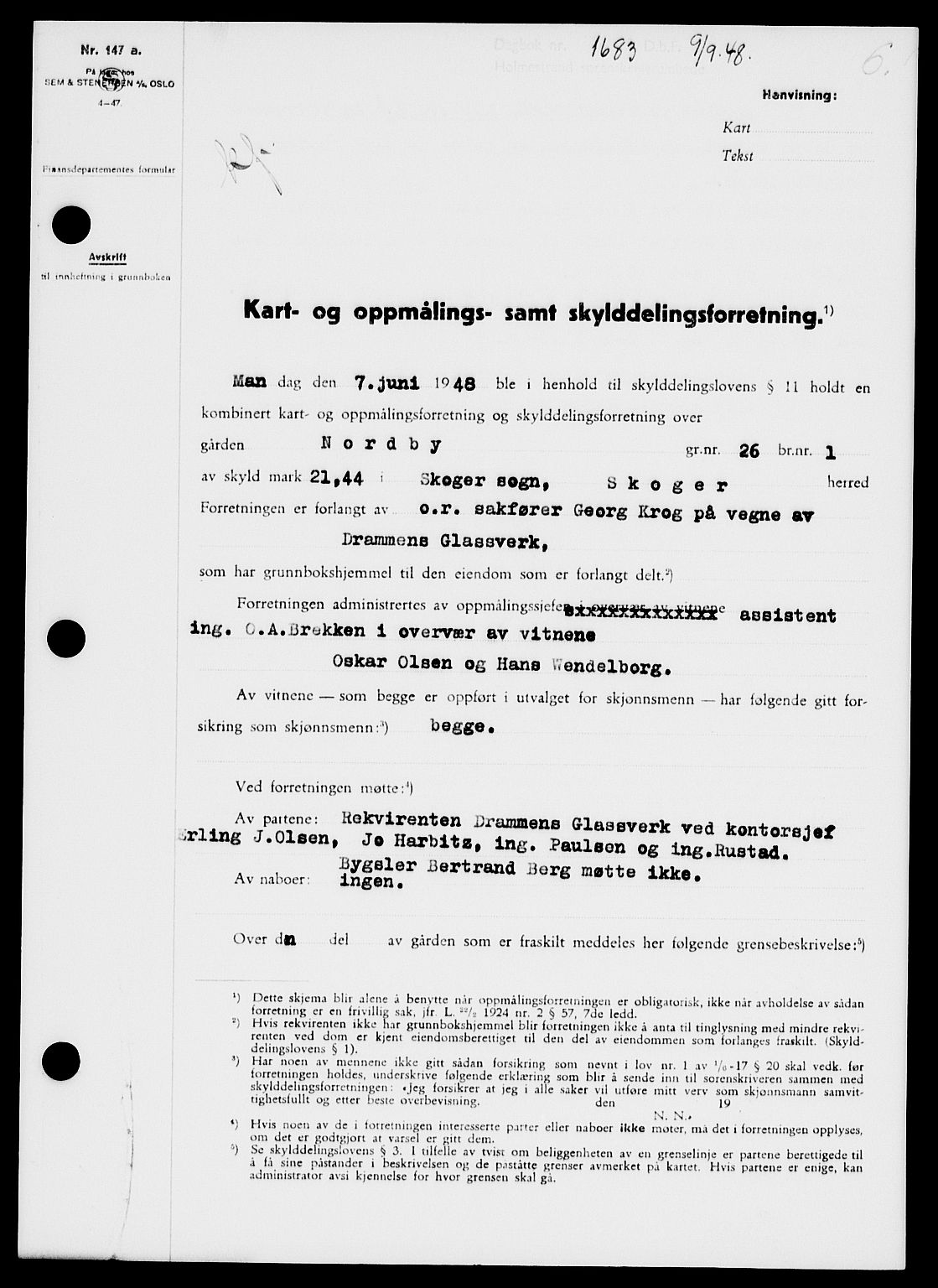 Holmestrand sorenskriveri, AV/SAKO-A-67/G/Ga/Gaa/L0064: Mortgage book no. A-64, 1948-1948, Diary no: : 1683/1948