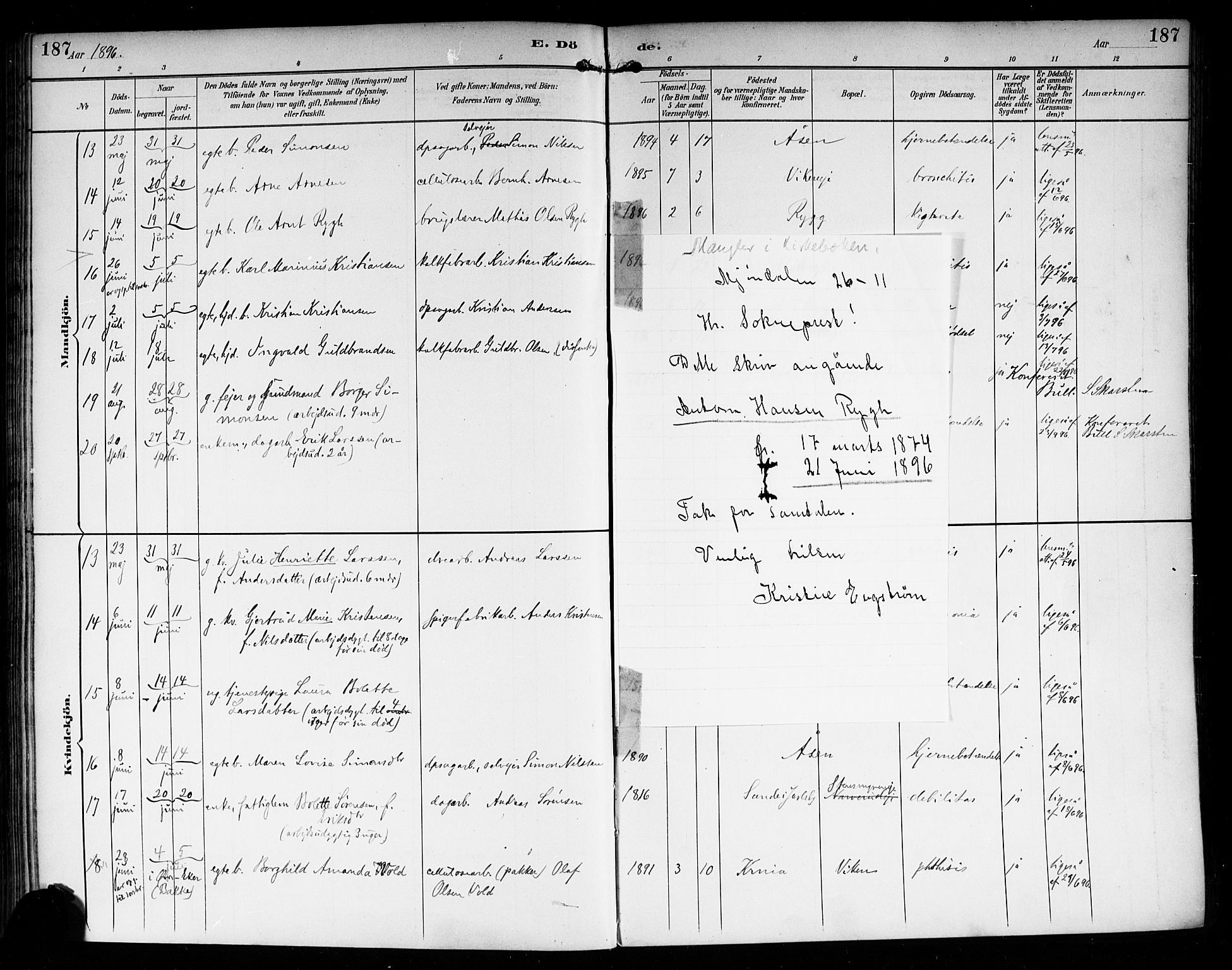 Nedre Eiker kirkebøker, AV/SAKO-A-612/F/Fa/L0004: Parish register (official) no. 4, 1893-1898, p. 187