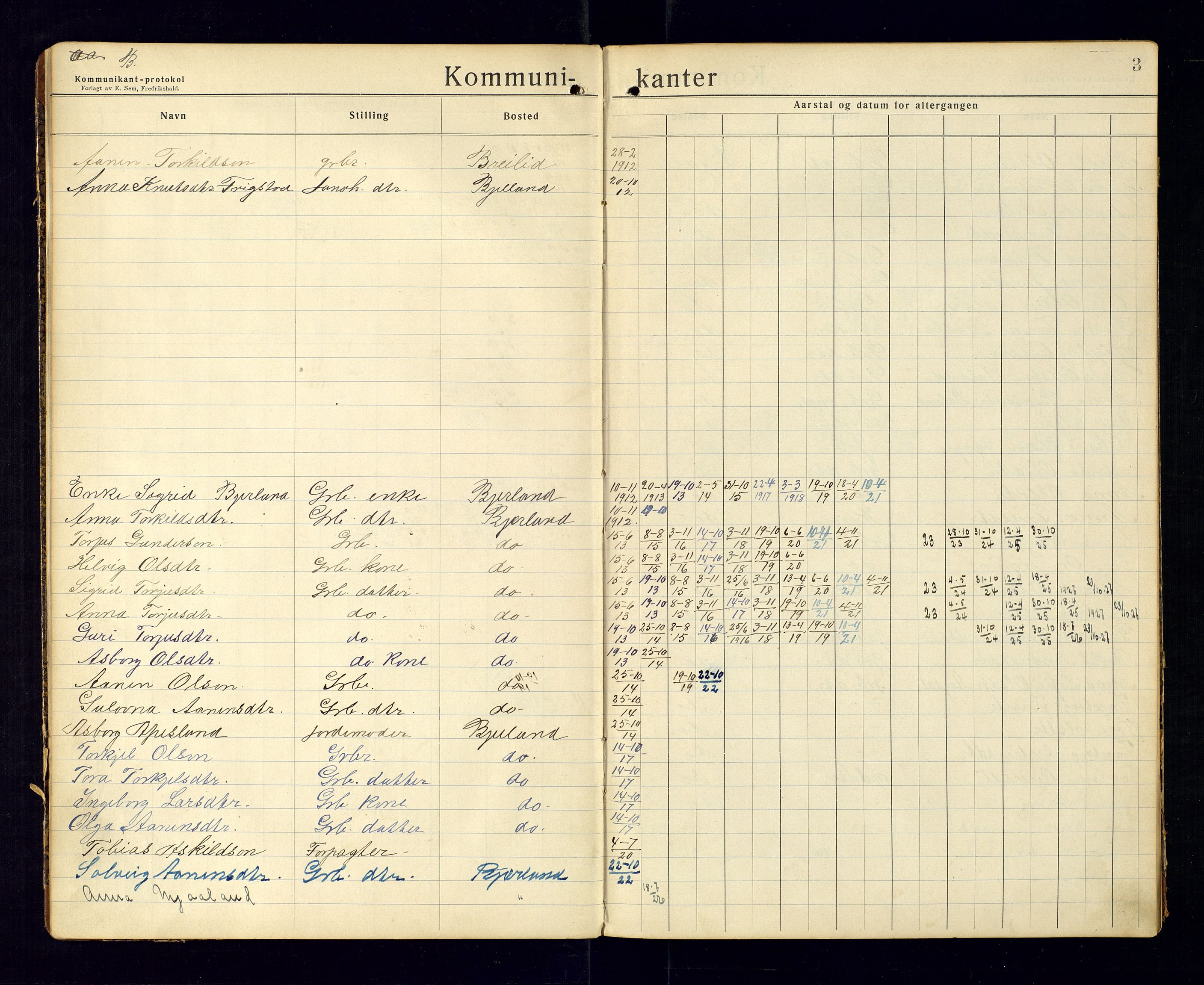 Bjelland sokneprestkontor, AV/SAK-1111-0005/F/Fc/Fca/L0002: Communicants register no. C-3, 1912-1958, p. 3