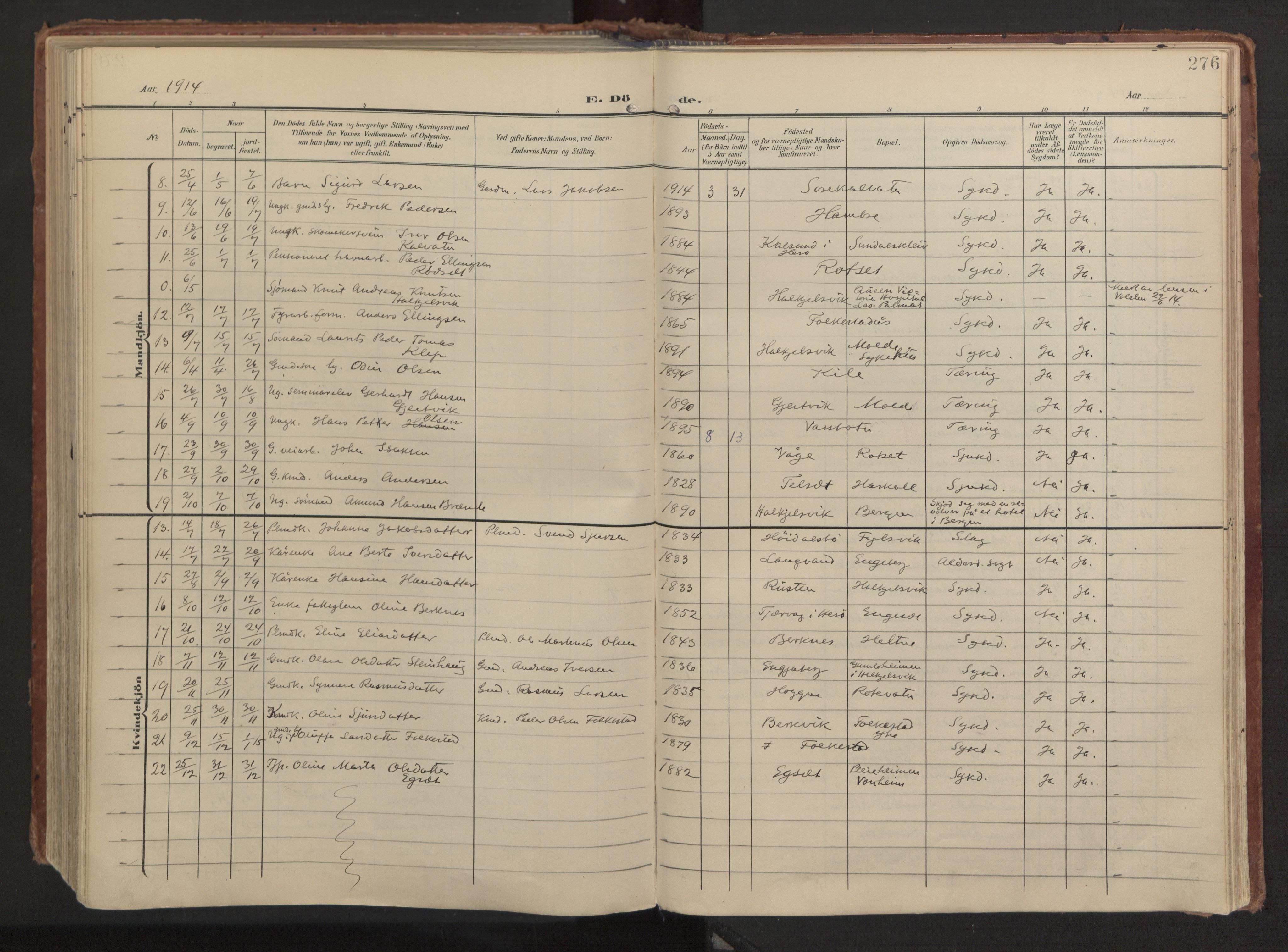 Ministerialprotokoller, klokkerbøker og fødselsregistre - Møre og Romsdal, AV/SAT-A-1454/511/L0144: Parish register (official) no. 511A11, 1906-1923, p. 276