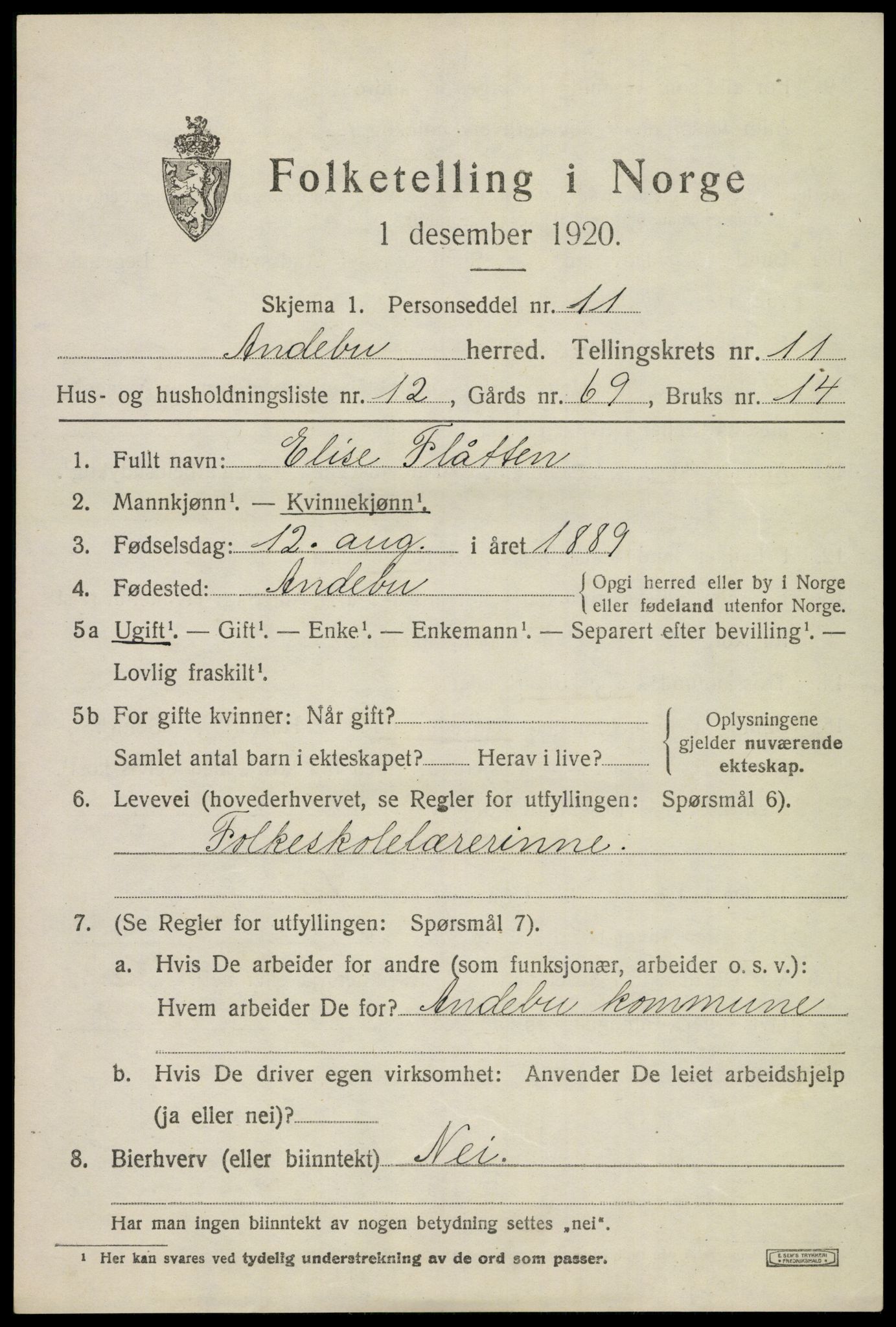 SAKO, 1920 census for Andebu, 1920, p. 4298