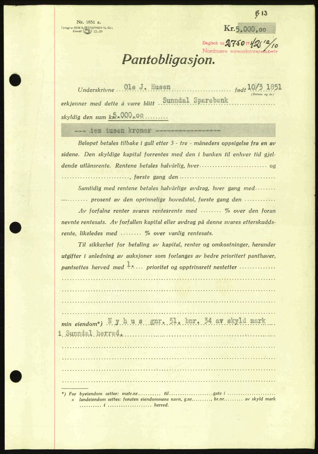 Nordmøre sorenskriveri, AV/SAT-A-4132/1/2/2Ca: Mortgage book no. B90, 1942-1943, Diary no: : 2750/1942