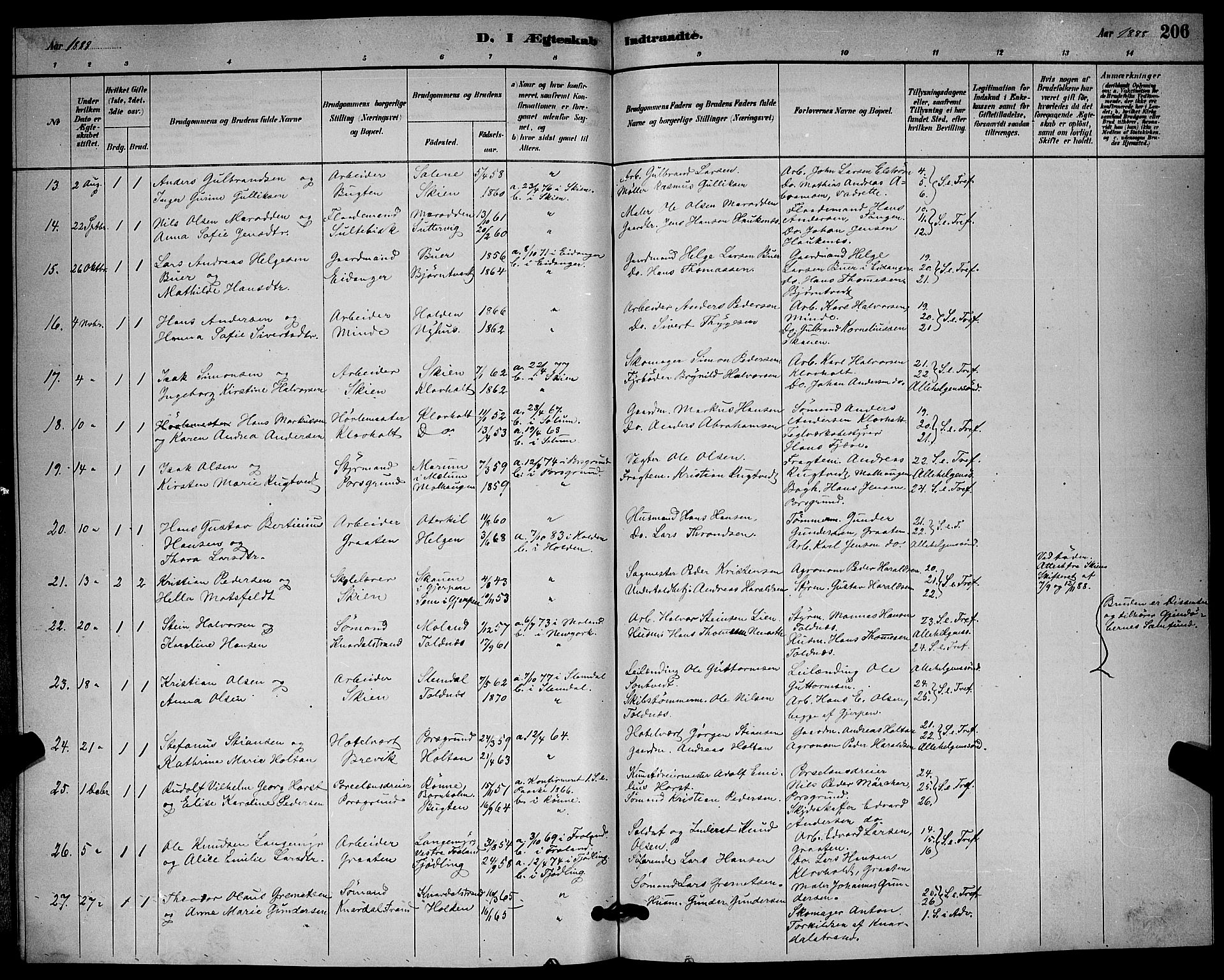 Solum kirkebøker, SAKO/A-306/G/Ga/L0007: Parish register (copy) no. I 7, 1884-1898, p. 206