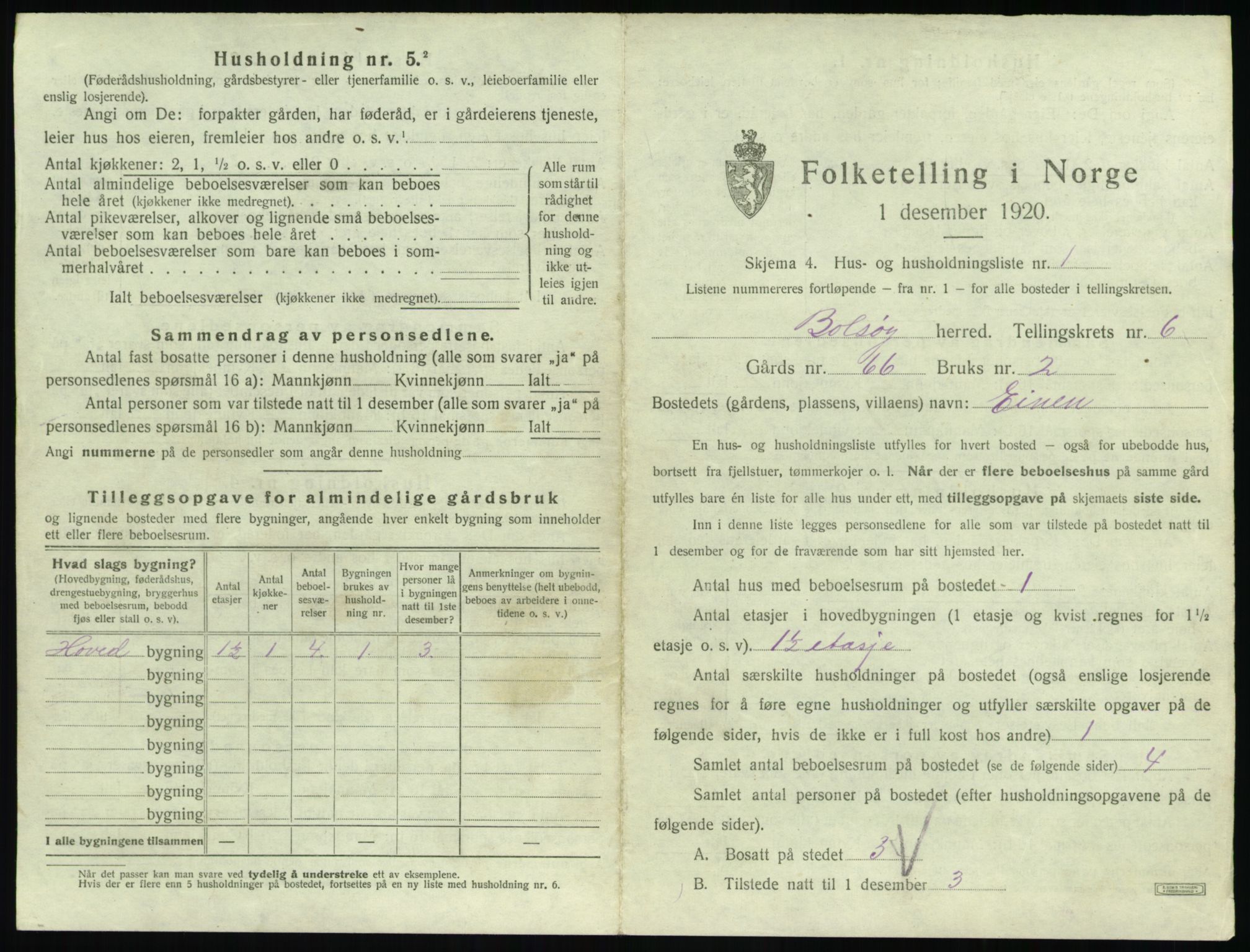 SAT, 1920 census for Bolsøy, 1920, p. 1043