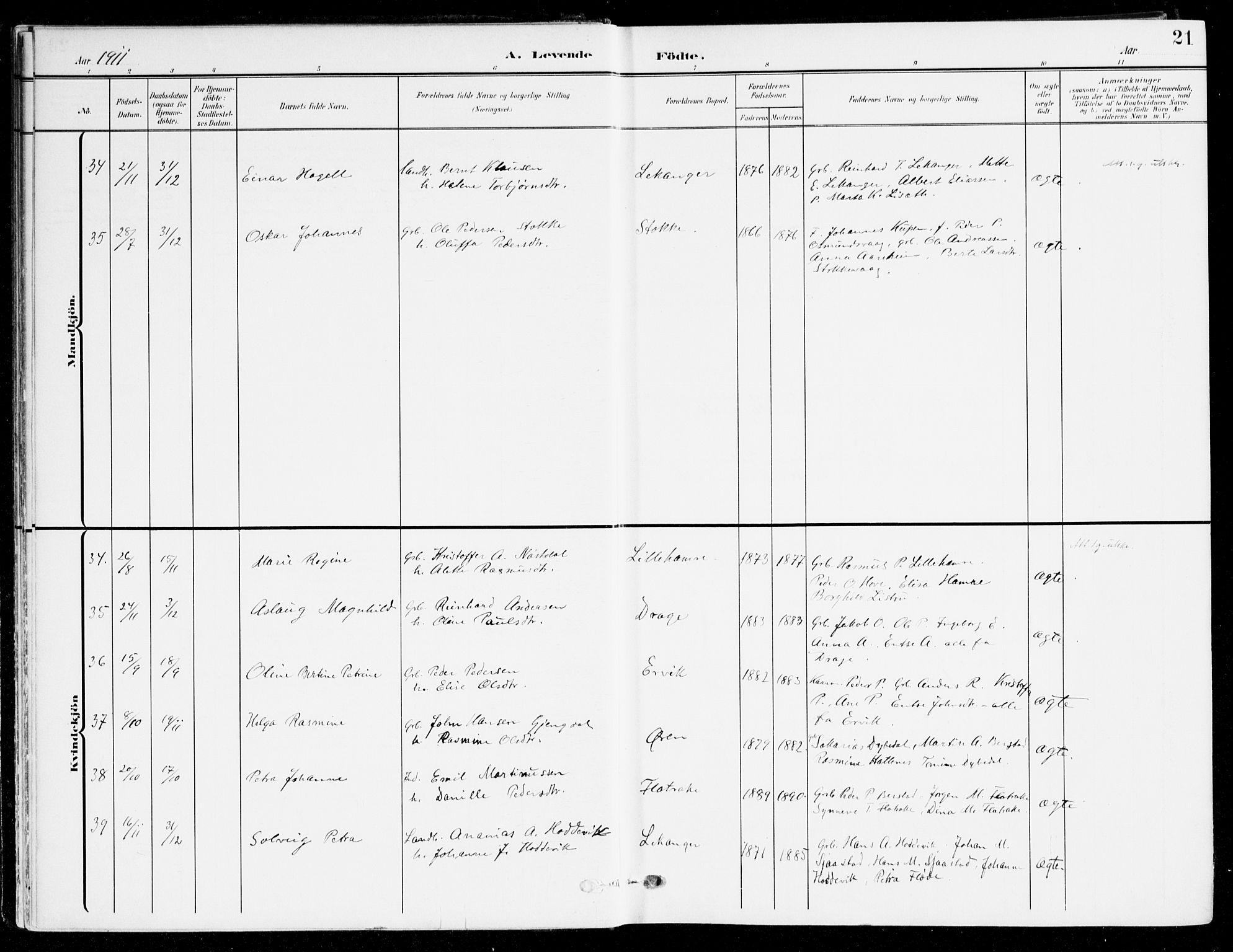 Selje sokneprestembete, AV/SAB-A-99938/H/Ha/Haa/Haab: Parish register (official) no. B 3, 1908-1923, p. 21