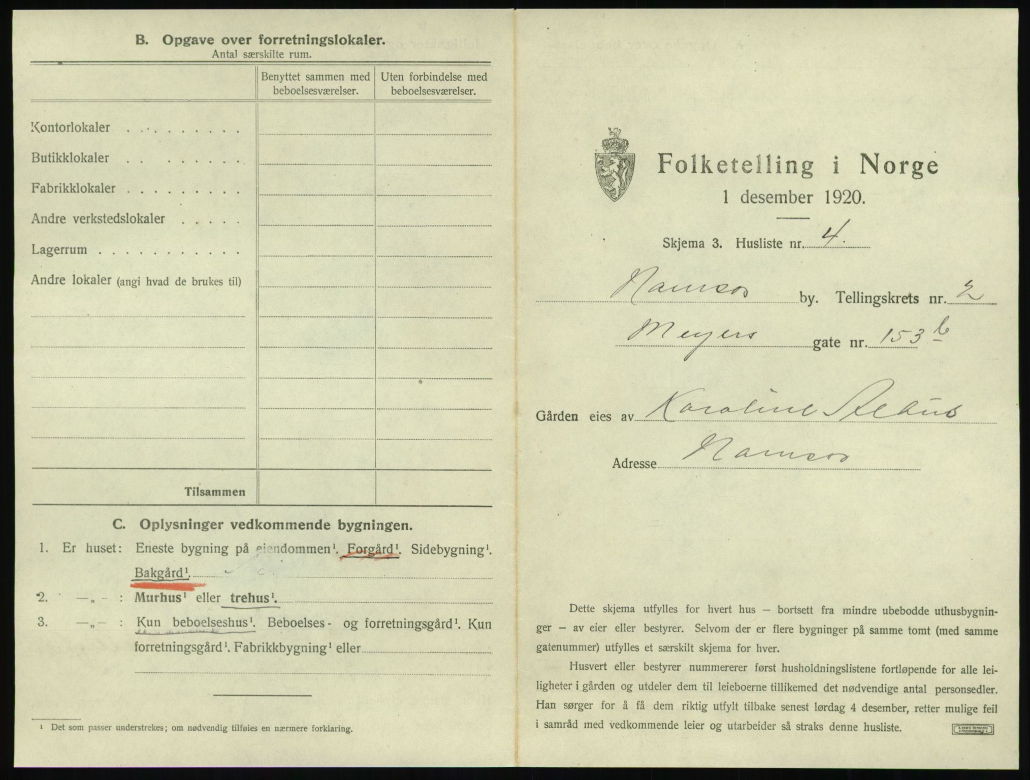 SAT, 1920 census for Namsos, 1920, p. 171