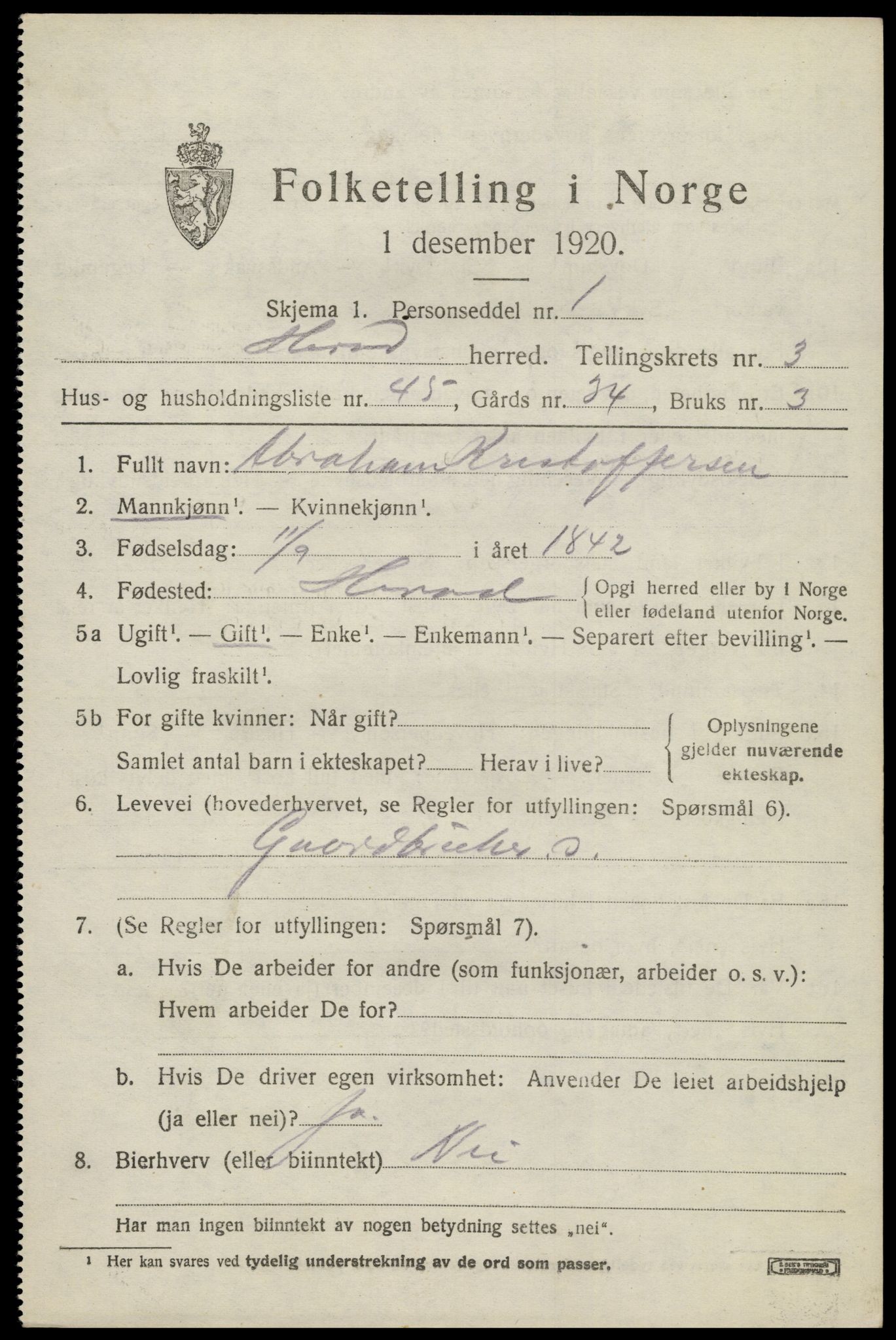 SAK, 1920 census for Herad, 1920, p. 1670