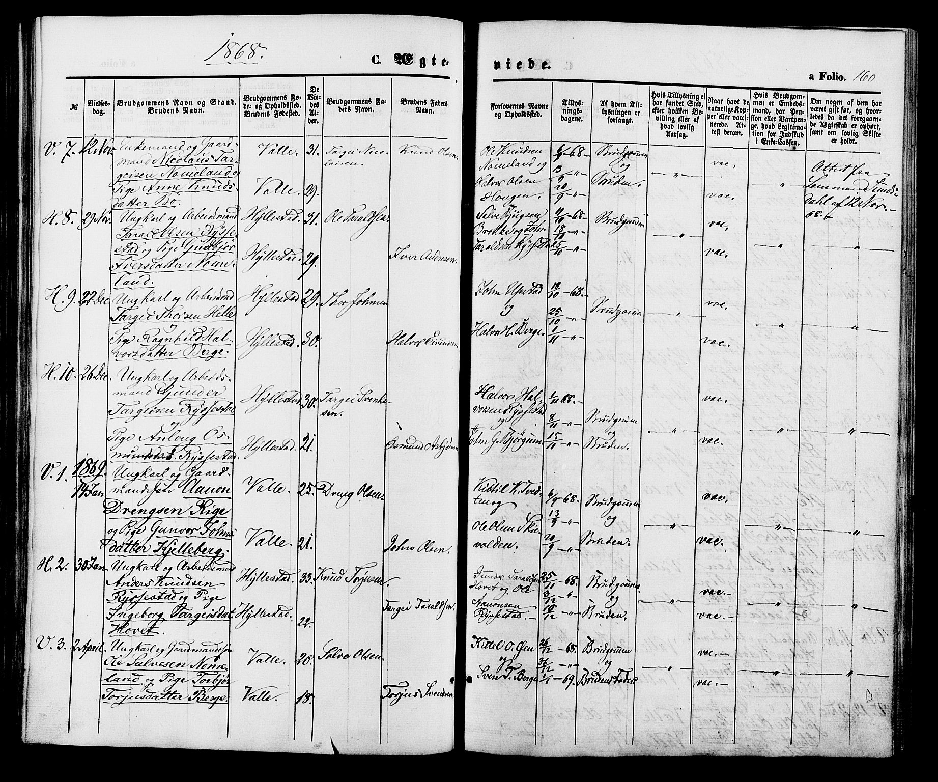Valle sokneprestkontor, SAK/1111-0044/F/Fa/Fac/L0008: Parish register (official) no. A 8, 1868-1882, p. 160