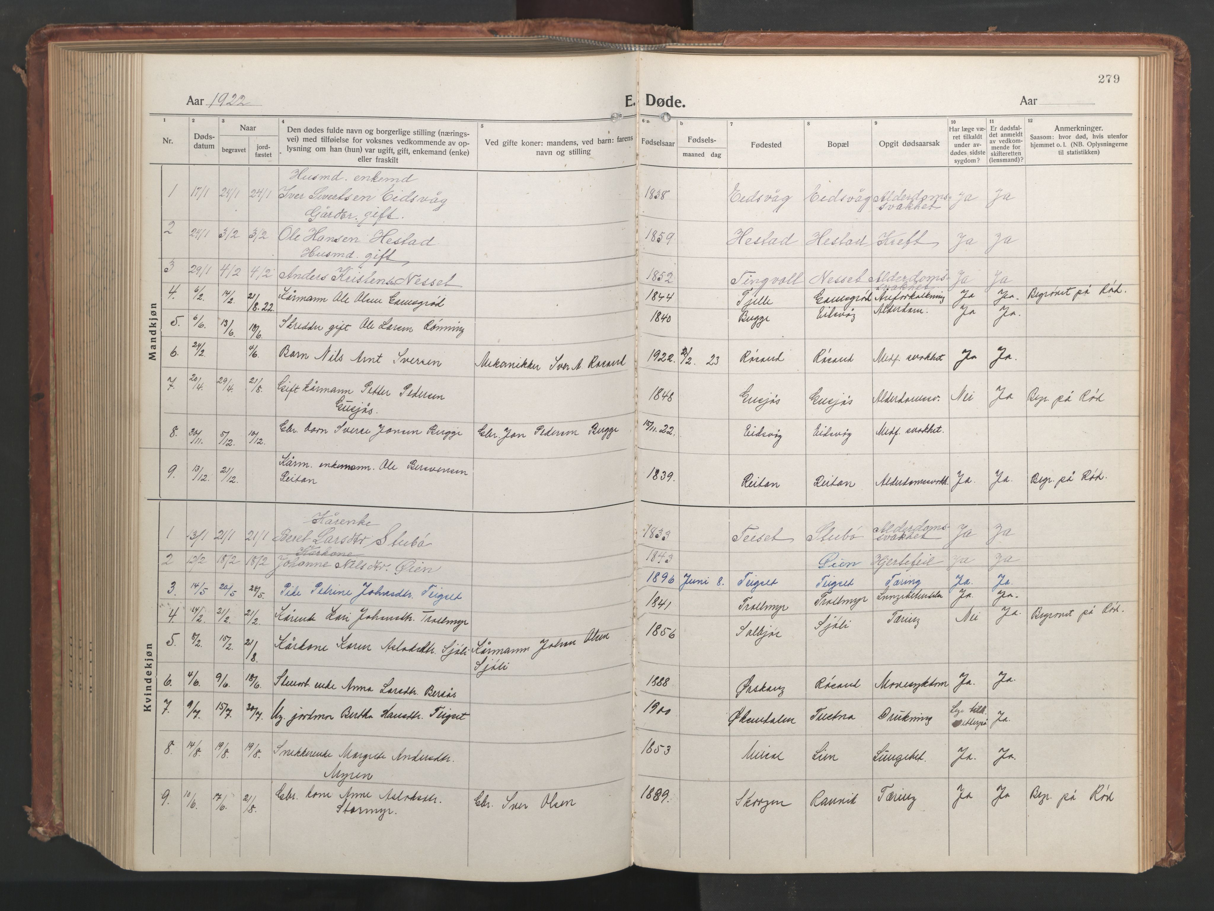 Ministerialprotokoller, klokkerbøker og fødselsregistre - Møre og Romsdal, AV/SAT-A-1454/551/L0633: Parish register (copy) no. 551C05, 1921-1961, p. 279