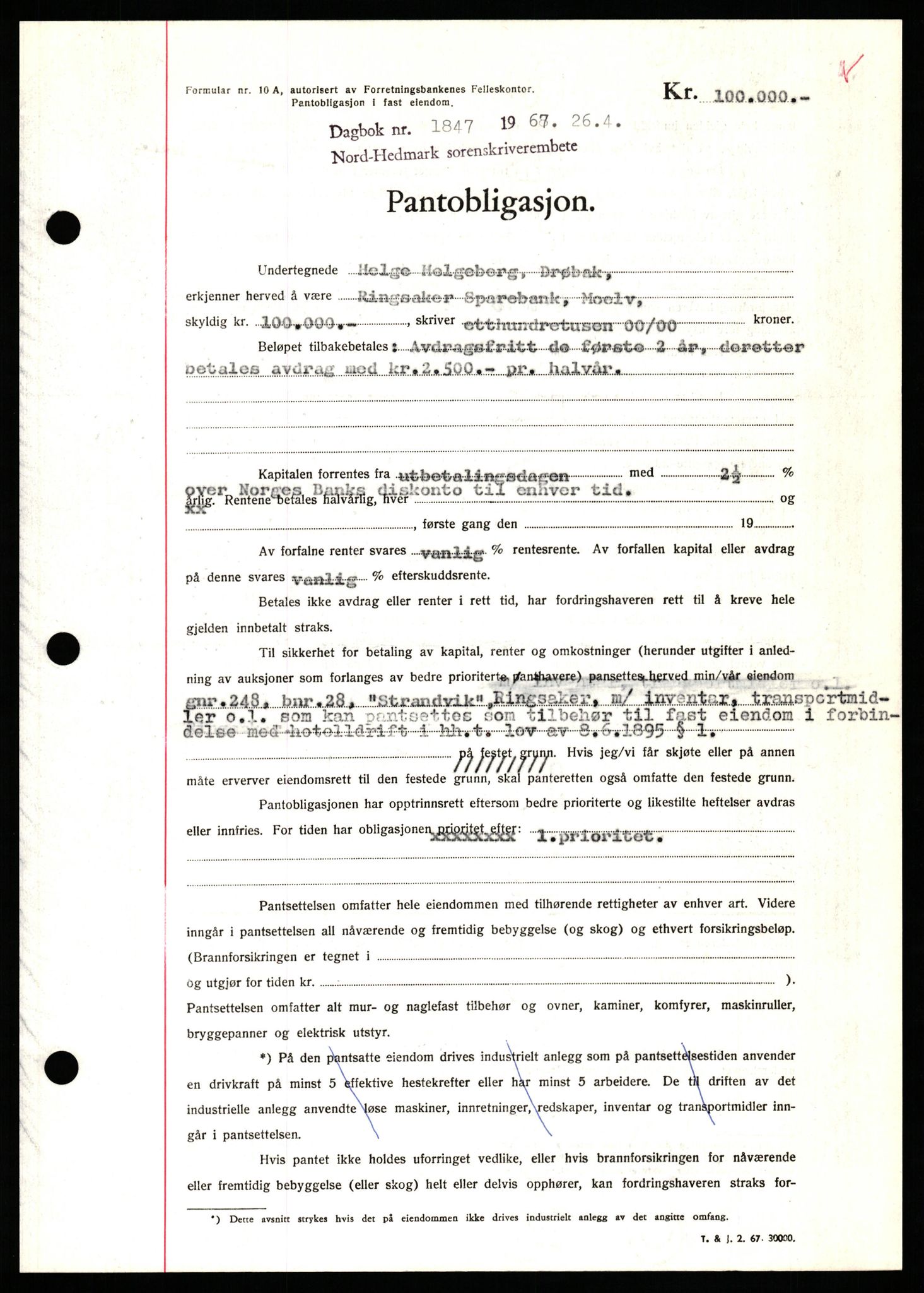 Nord-Hedmark sorenskriveri, SAH/TING-012/H/Hb/Hbf/L0071: Mortgage book no. B71, 1967-1967, Diary no: : 1847/1967